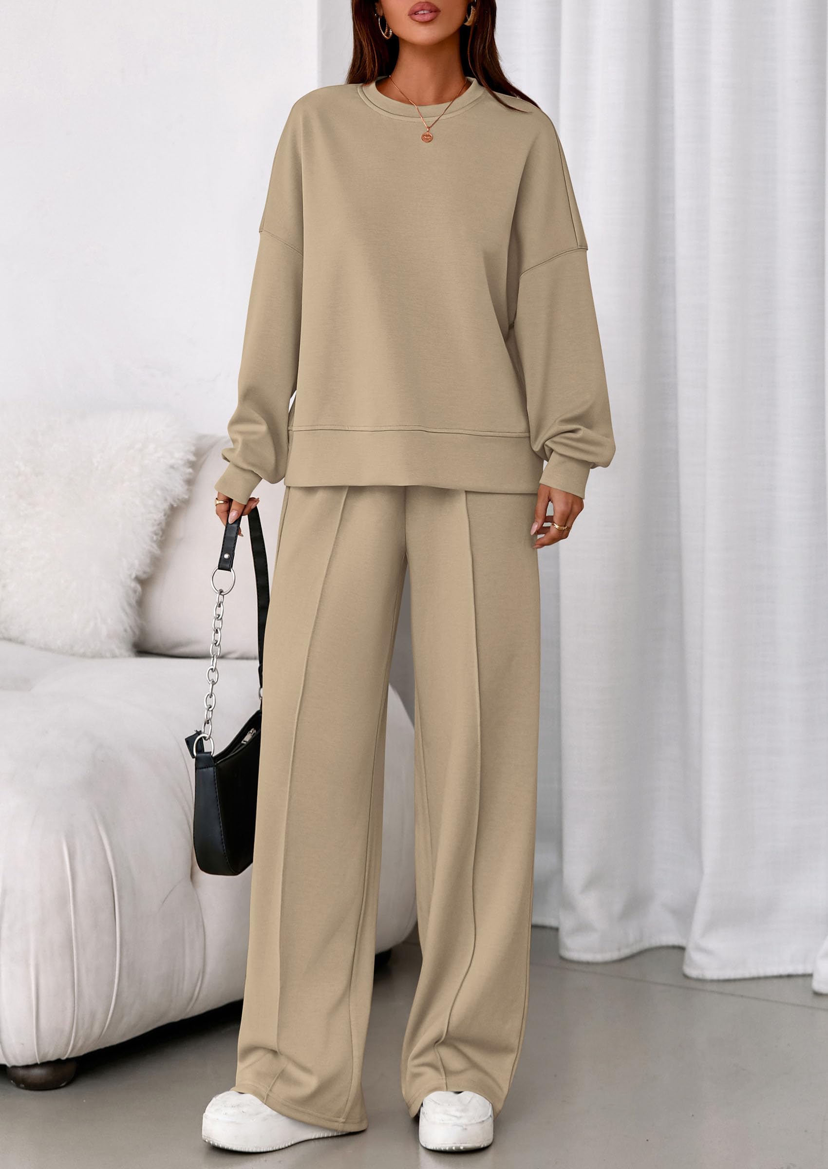 Womens Long Sleeve Sweatshirt 2 Piece Sets,Light Khaki,S