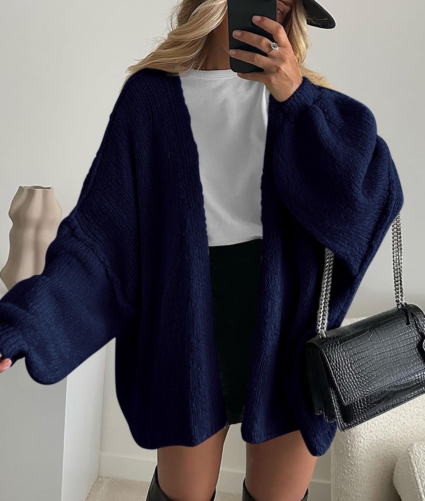 Womens Open Front Oversized Cardigan Sweaters,Navy,XS
