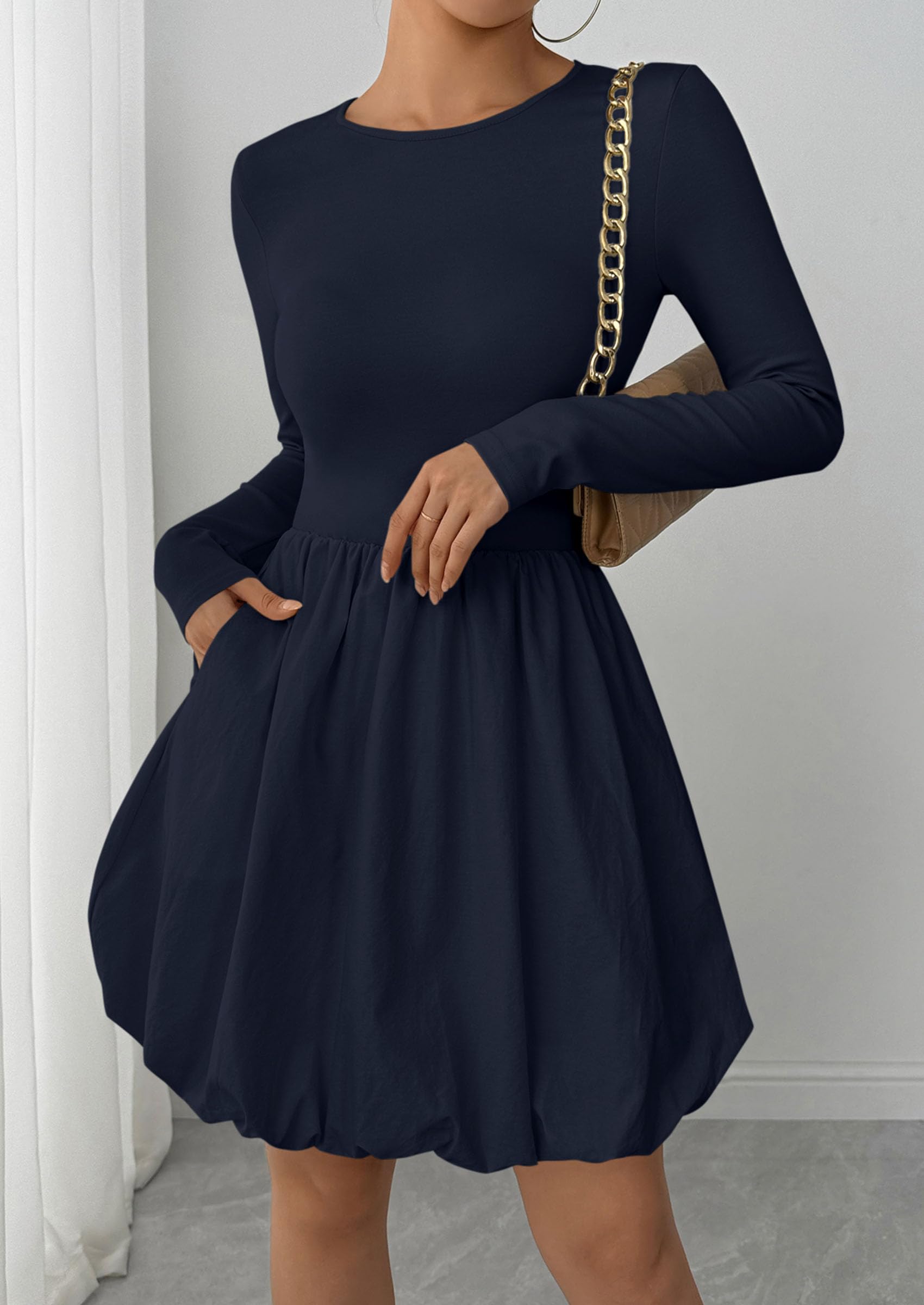 Fall Dresses for Women 2026 Bubble Mini Dress,Navy,S