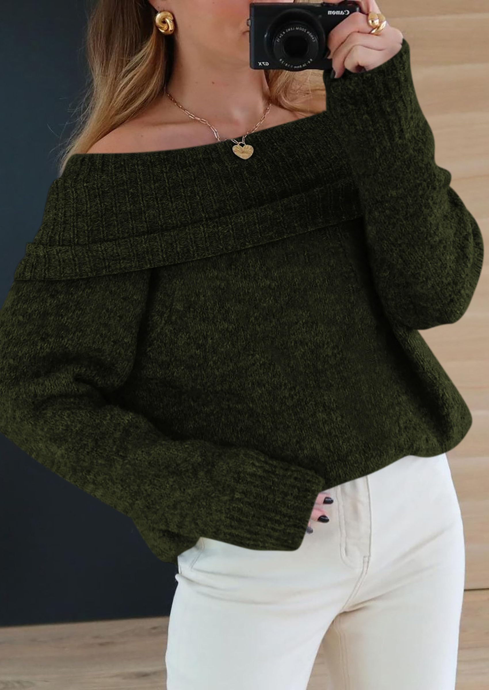 Women's Fall Off The Shoulder Sweater,Dark Army Green,S
