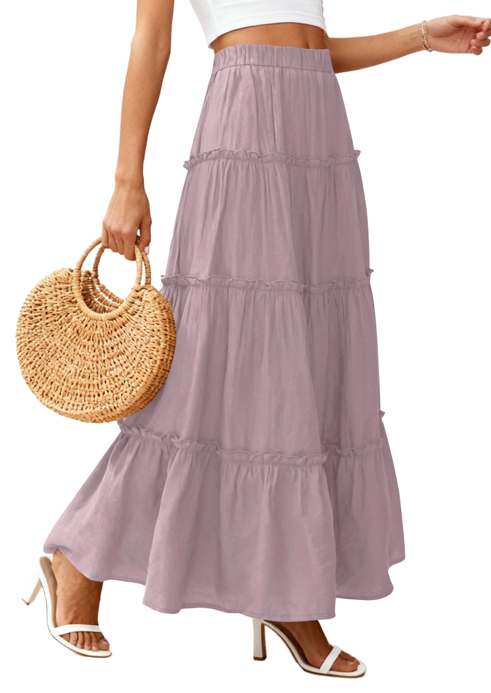Women's Boho Tiered Ruffle Flowy Maxi Skirt, Purple,S