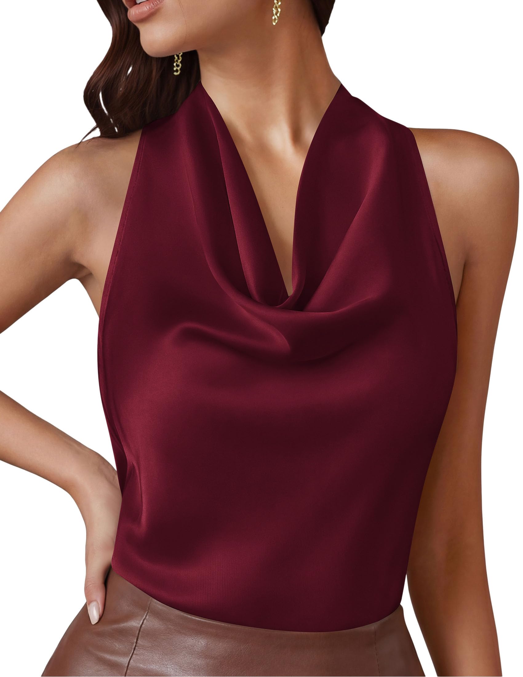 Satin Halter Tops for Women Dressy Casual Wine Red,XS