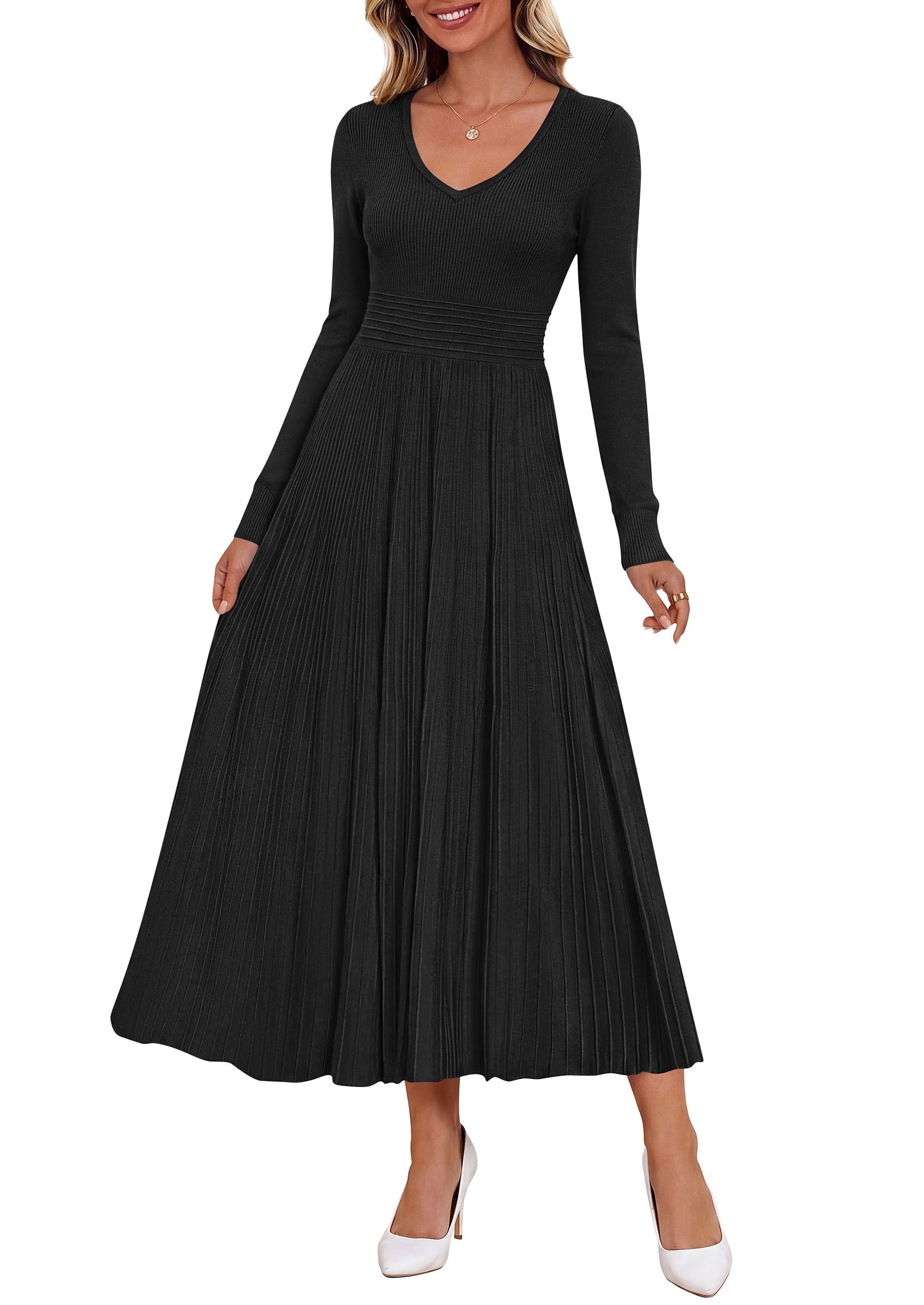 Women's Fall V Neck Pleated Midi Sweater Dress,Black,S