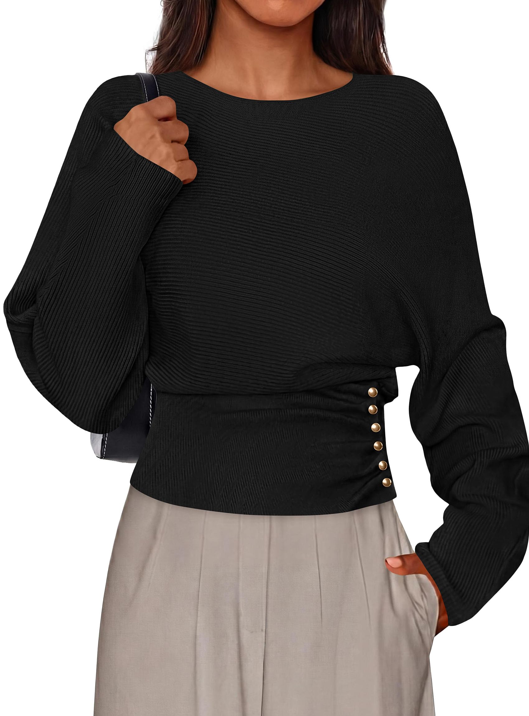 Batwing Sleeve Sweaters for Women Pullover Fall Clothes Black