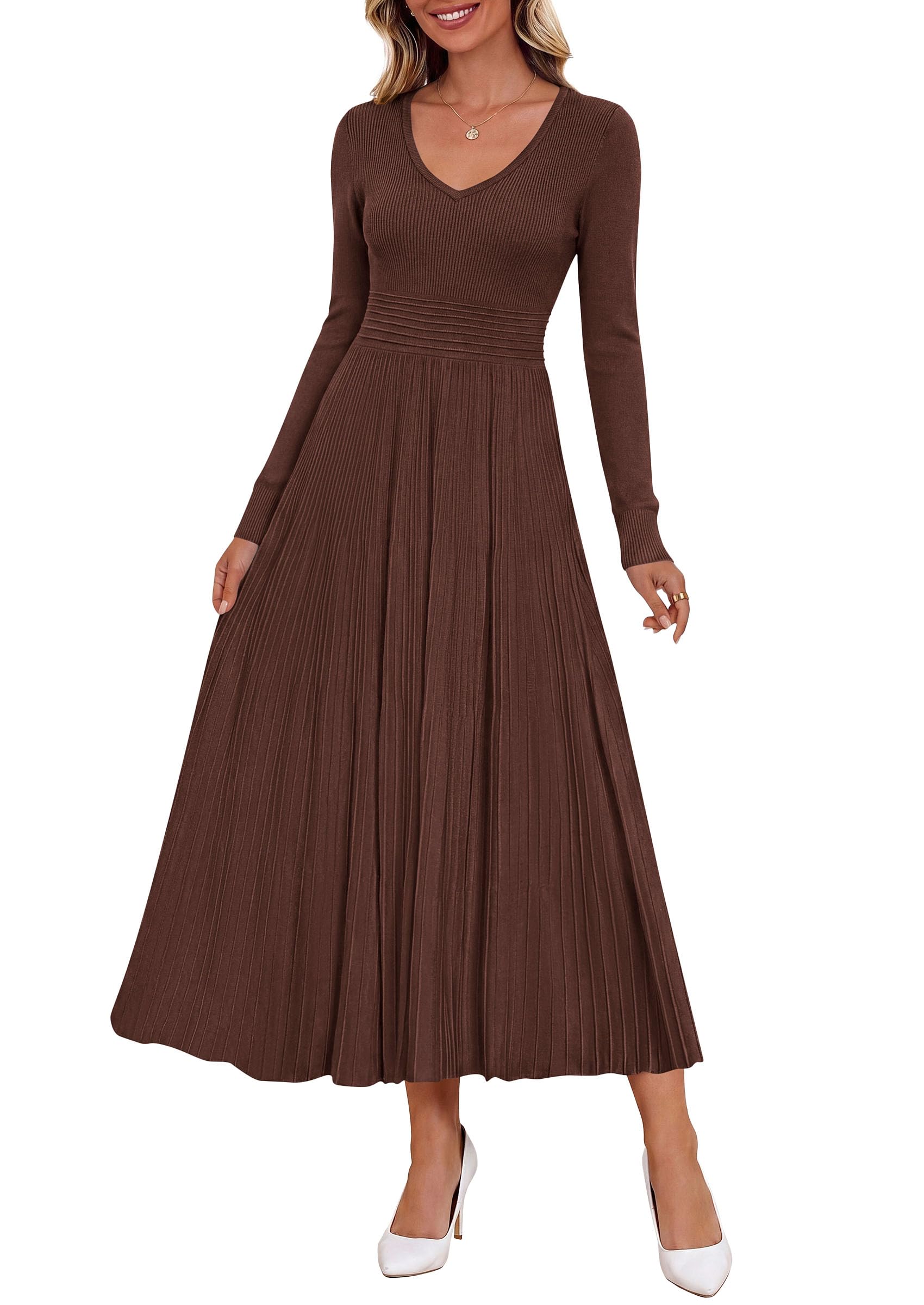 Women's Fall V Neck Pleated Midi Sweater Dress,Brown,M