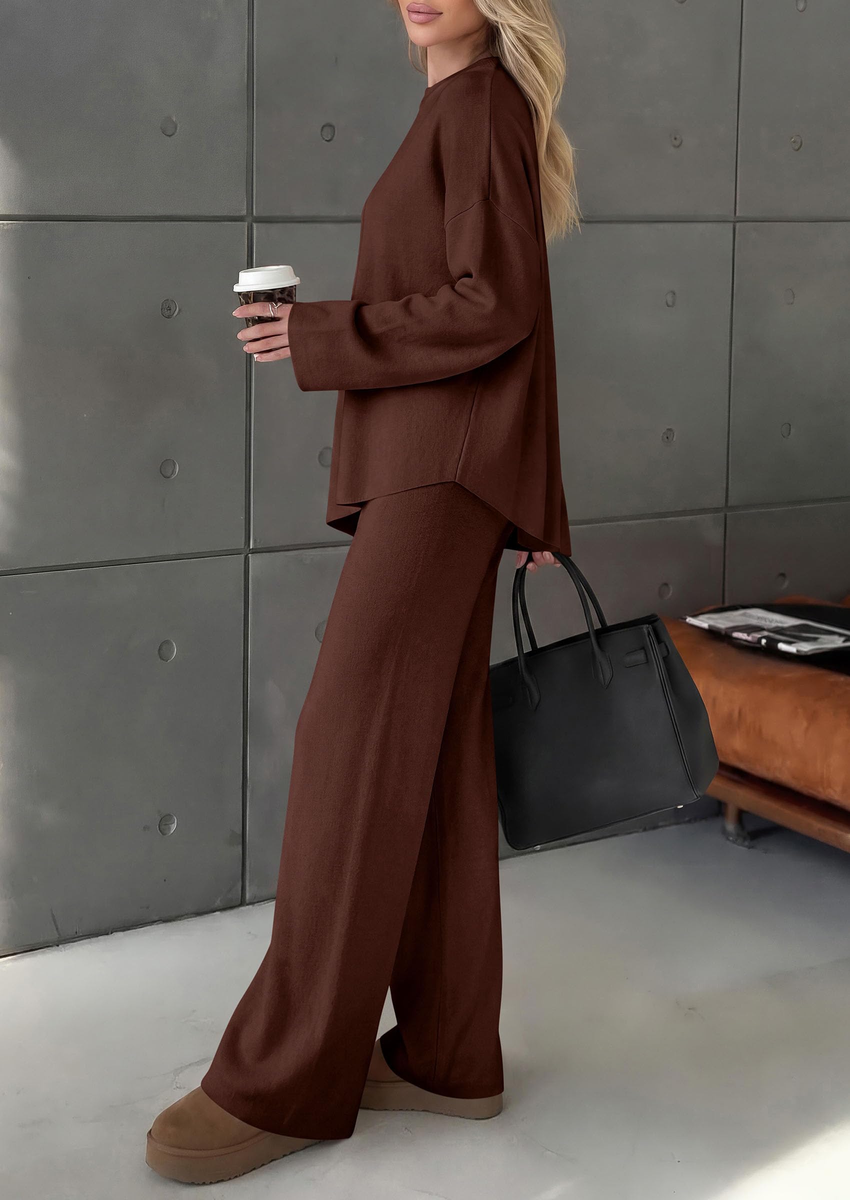 Womens Fall 2 Piece Asymmetric Cozy Sweater Travel Lounge Sets