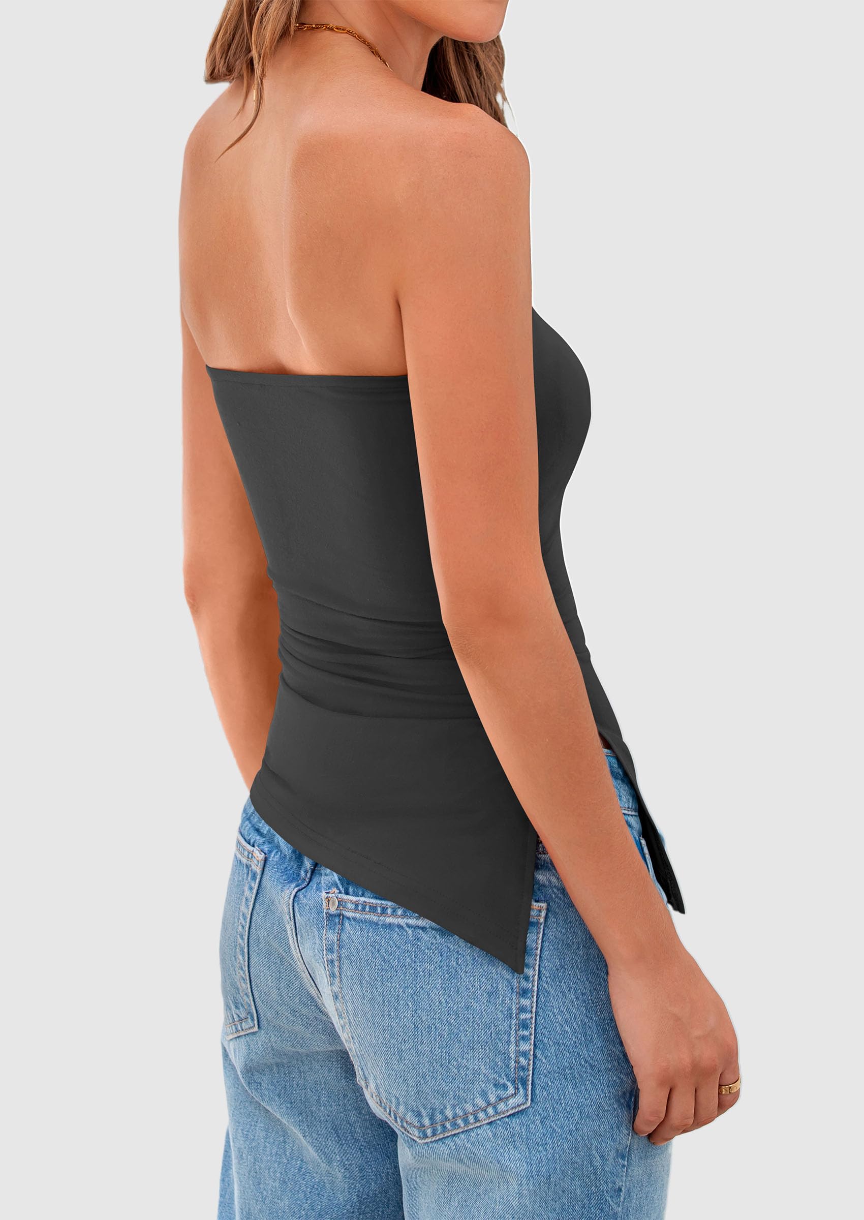 Women's Ruched Asymmetrical Strapless Tube Top, Dark Grey,S