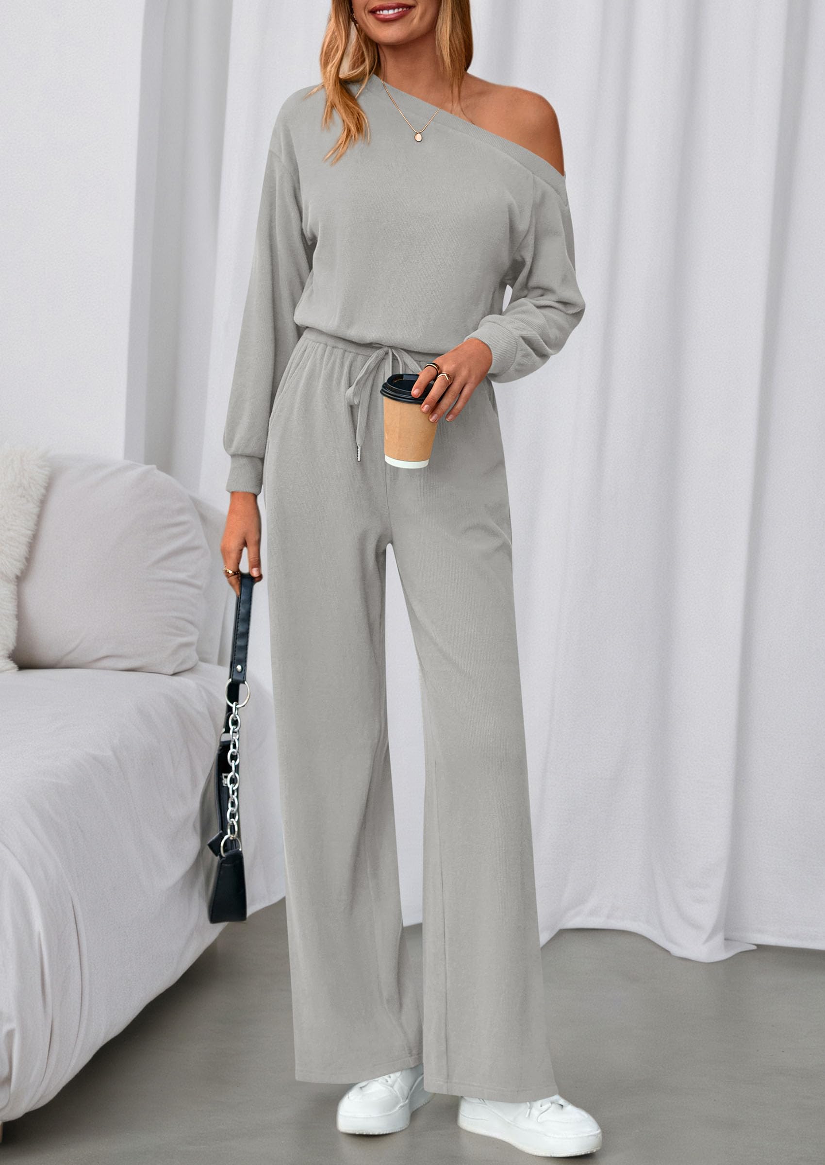 Womens Off Shoulder Long Sleeve Jumpsuit,Grey,S