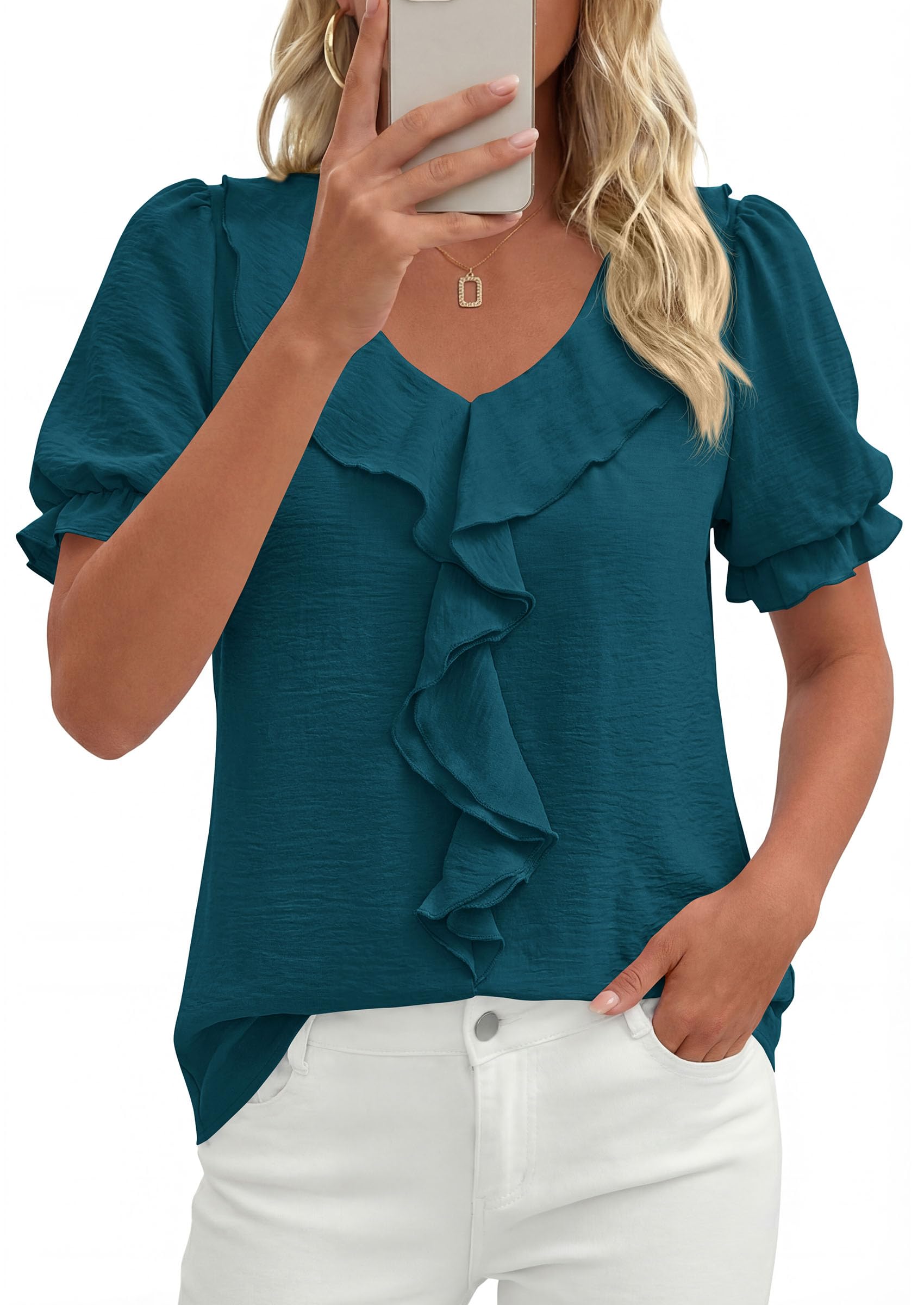 Women's Summer Ruffle Dressy Casual Blouses (Dark Blue,S)