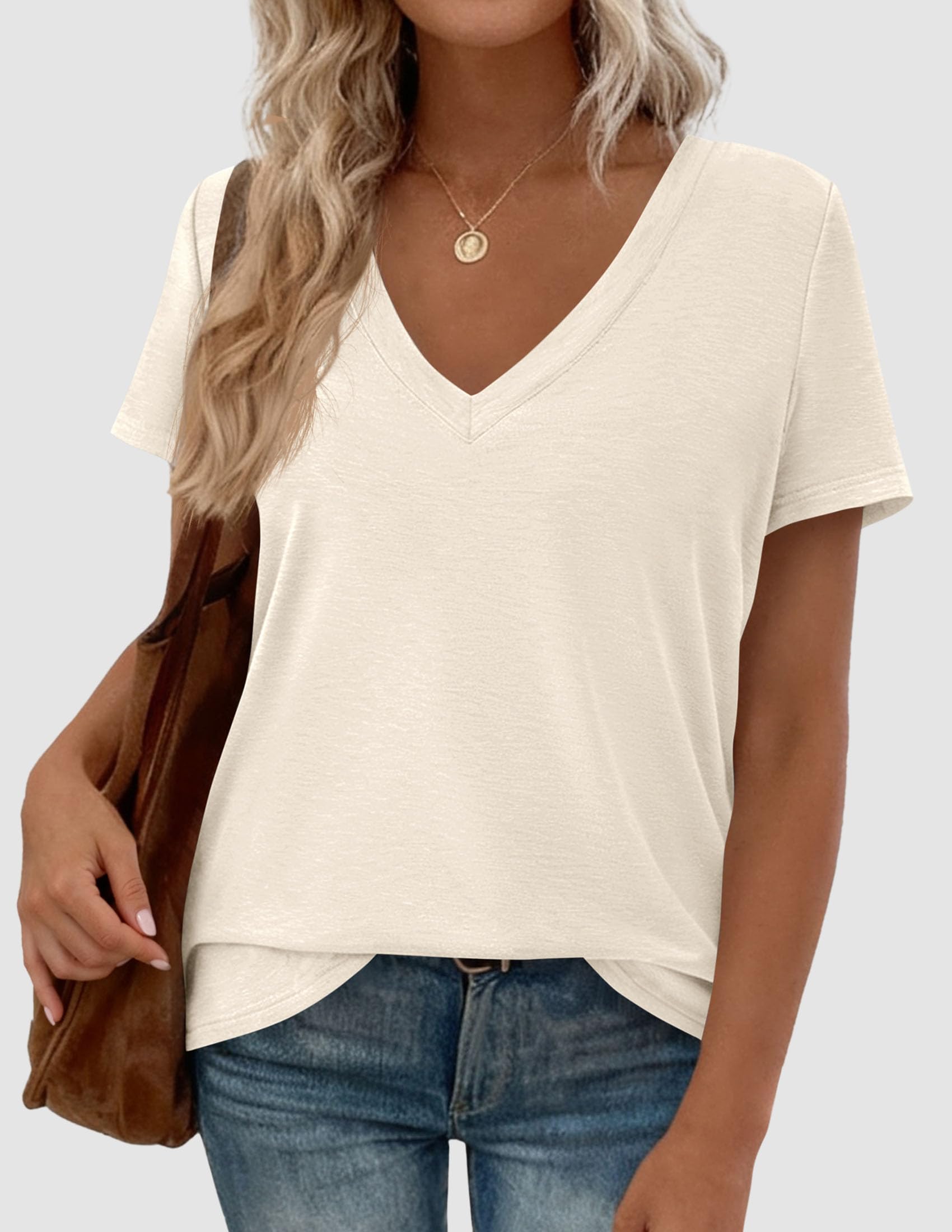 Womens Tops Short Sleeve Oversized Tshirts, Beige,M