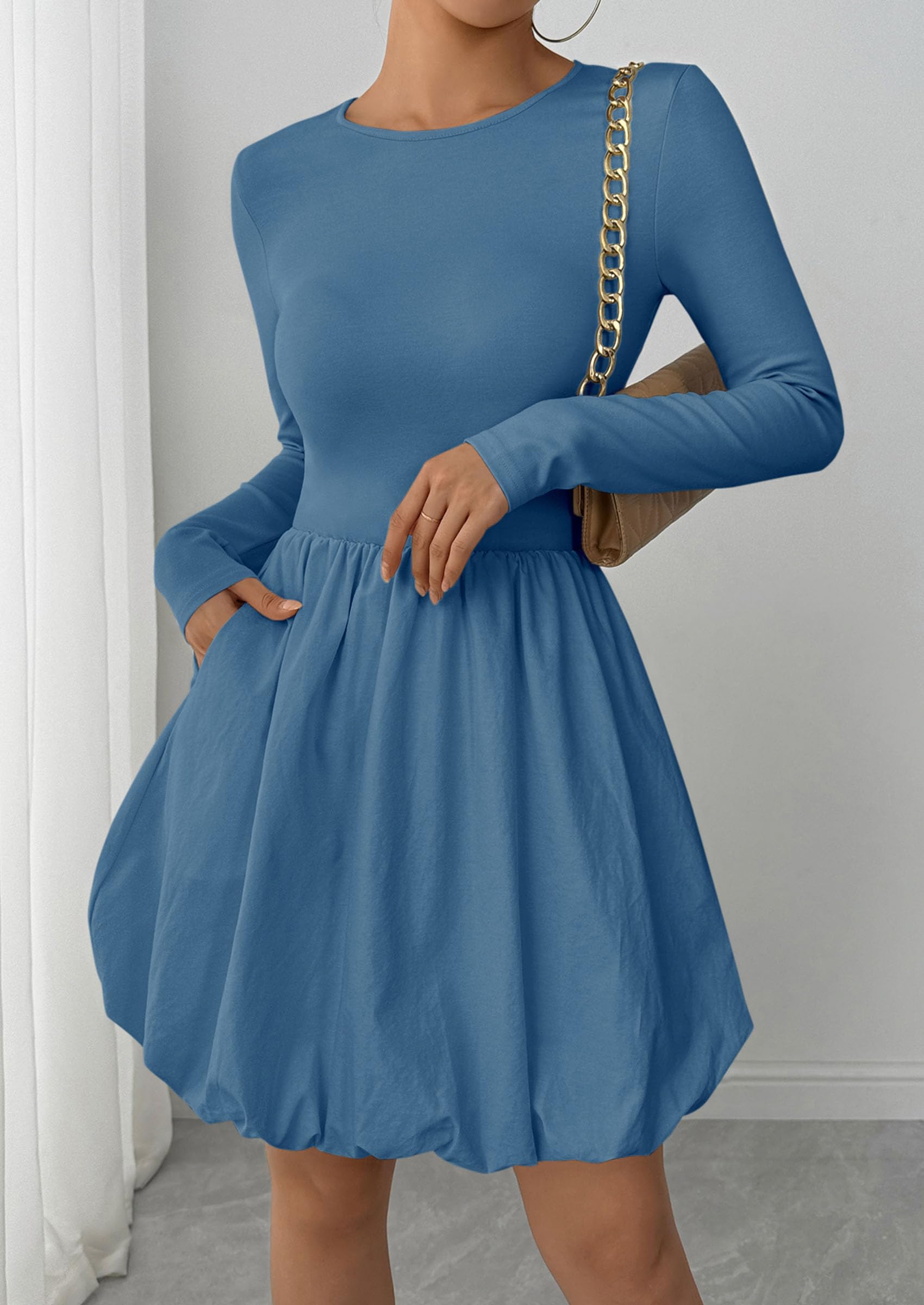 Fall Dresses for Women 2026 Bubble Mini Dress,Grey Blue,S