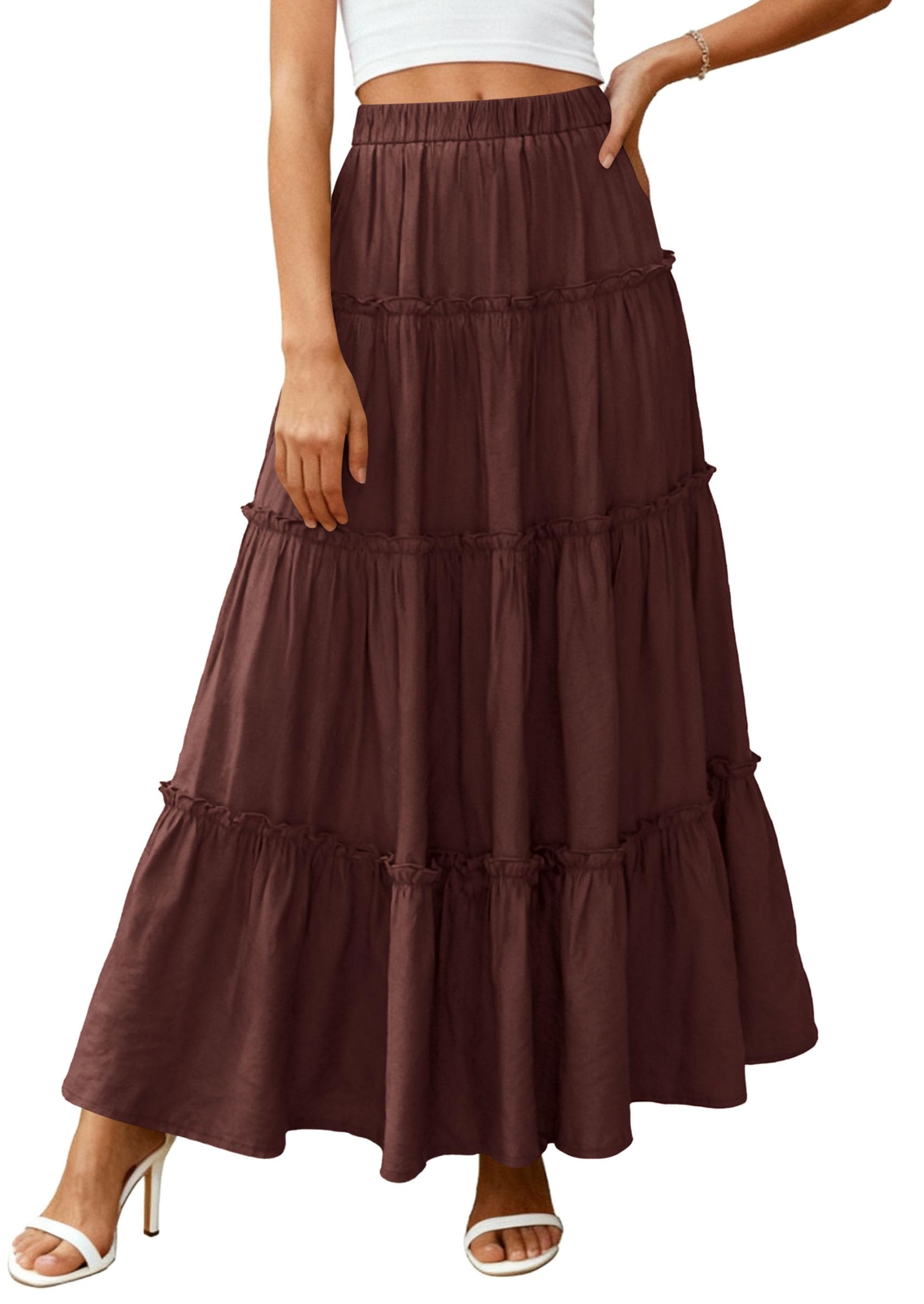 Women's Boho Tiered Ruffle Flowy Maxi Skirt, Dark Brown,S