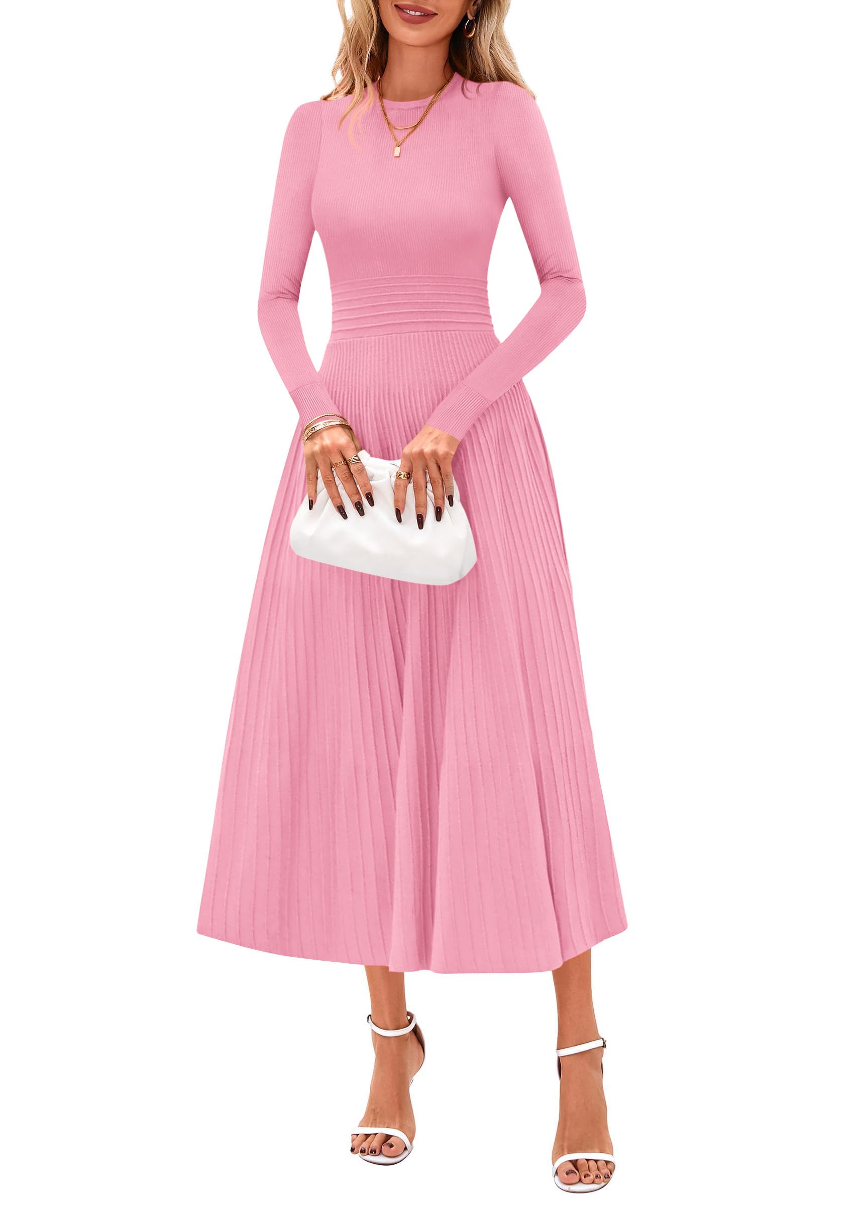 Women's Long Sleeve Knit Maxi Sweater Dress,Pink,S