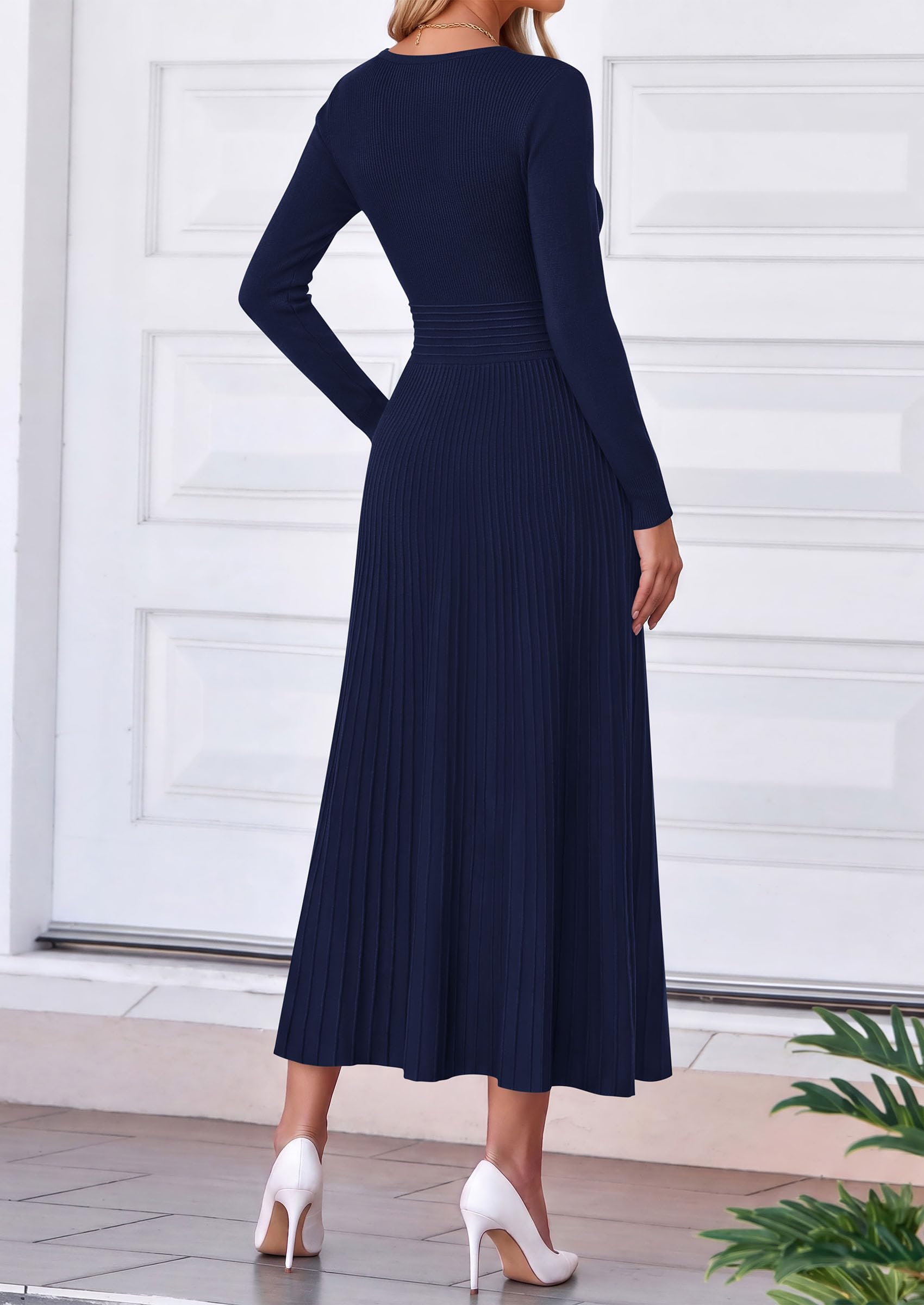 Women's Fall V Neck Pleated Midi Sweater Dress,Navy Blue,S