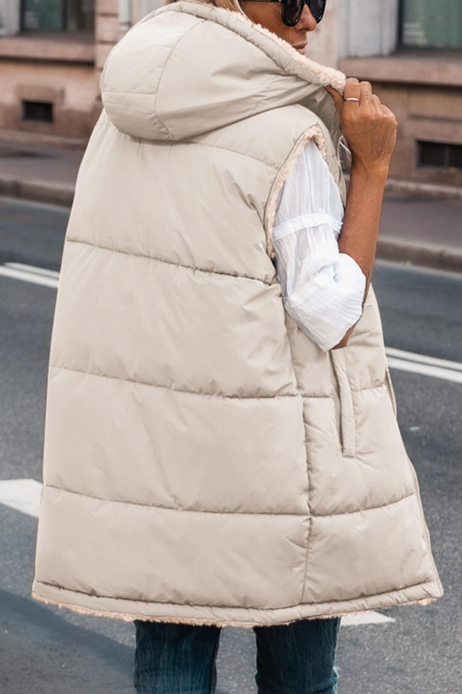 Women's Winter Reversible Fleece Long Vests(Light Khaki,S)