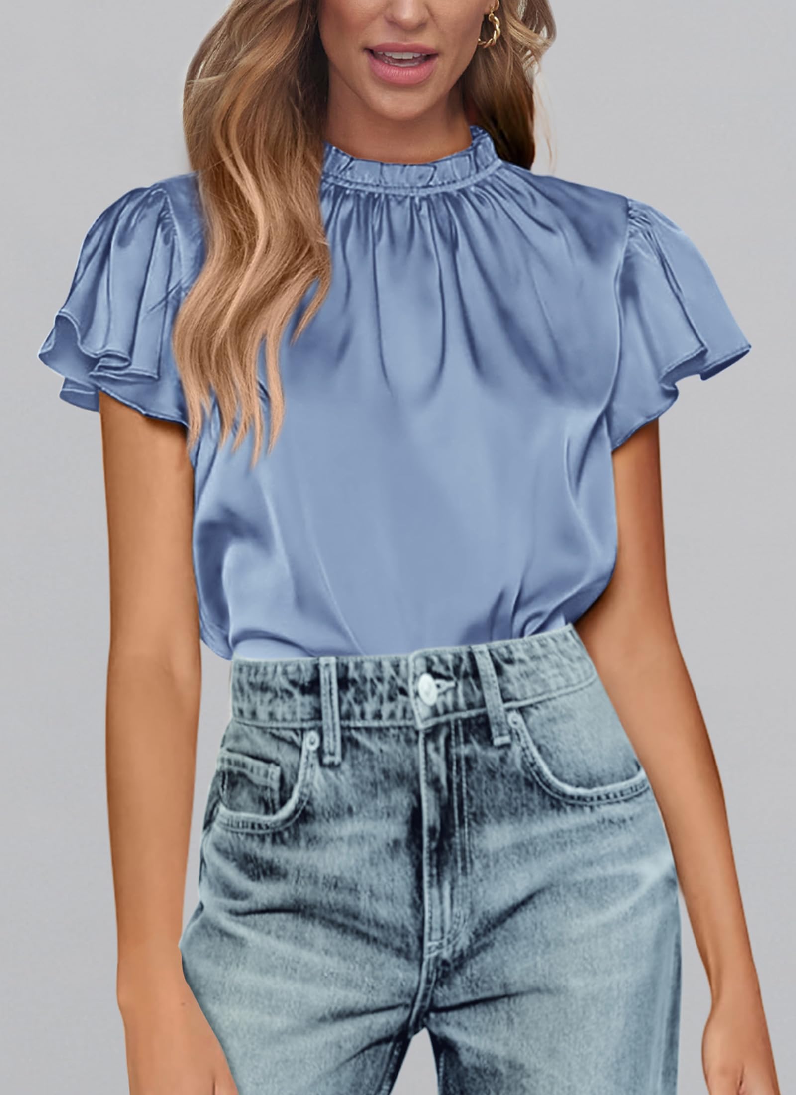 Women's Satin Tops Business Casual Work Blouses, Blue,S