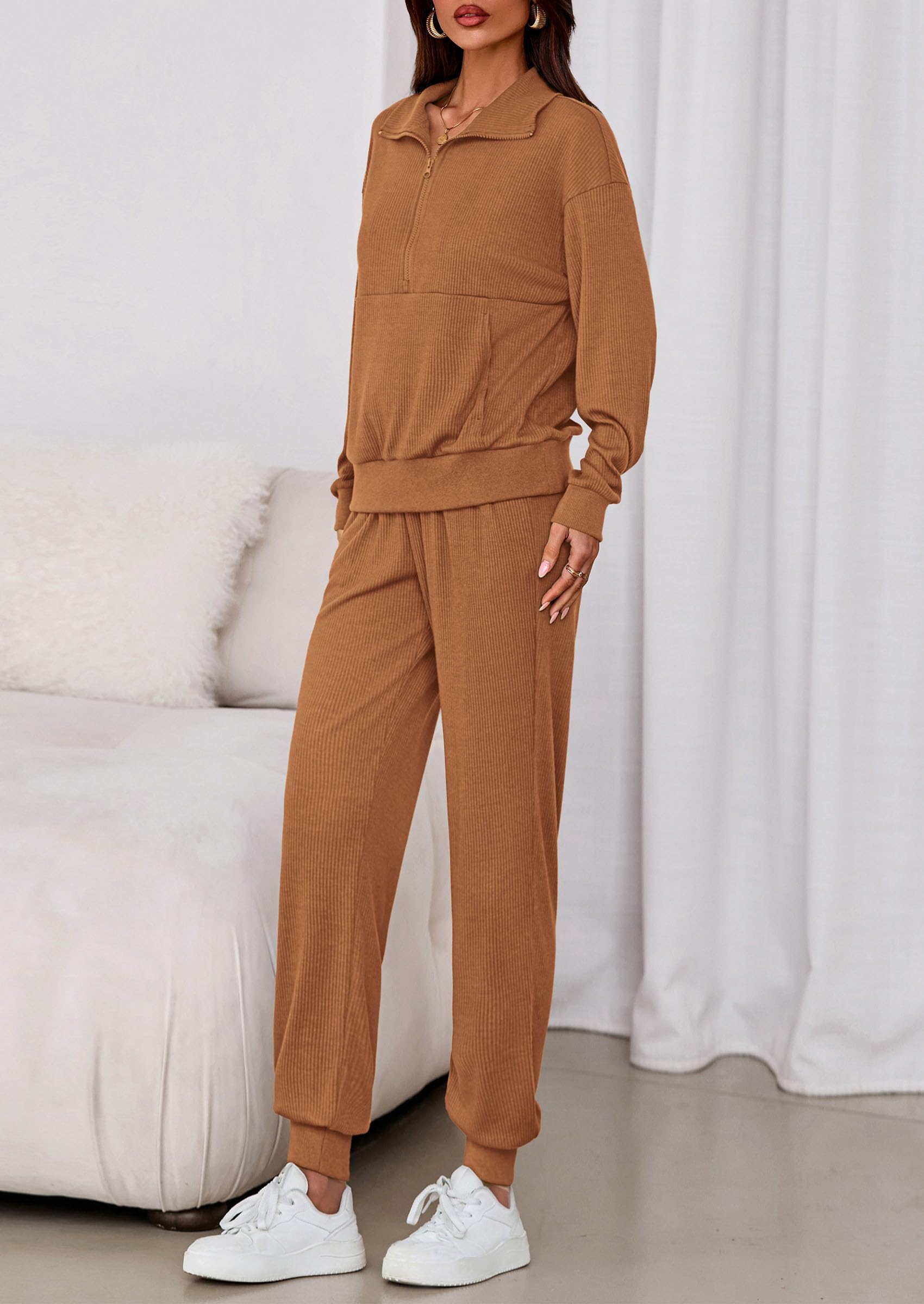 Airport Travel Outfit Women Ribbed Knit Matching Lounge Sets
