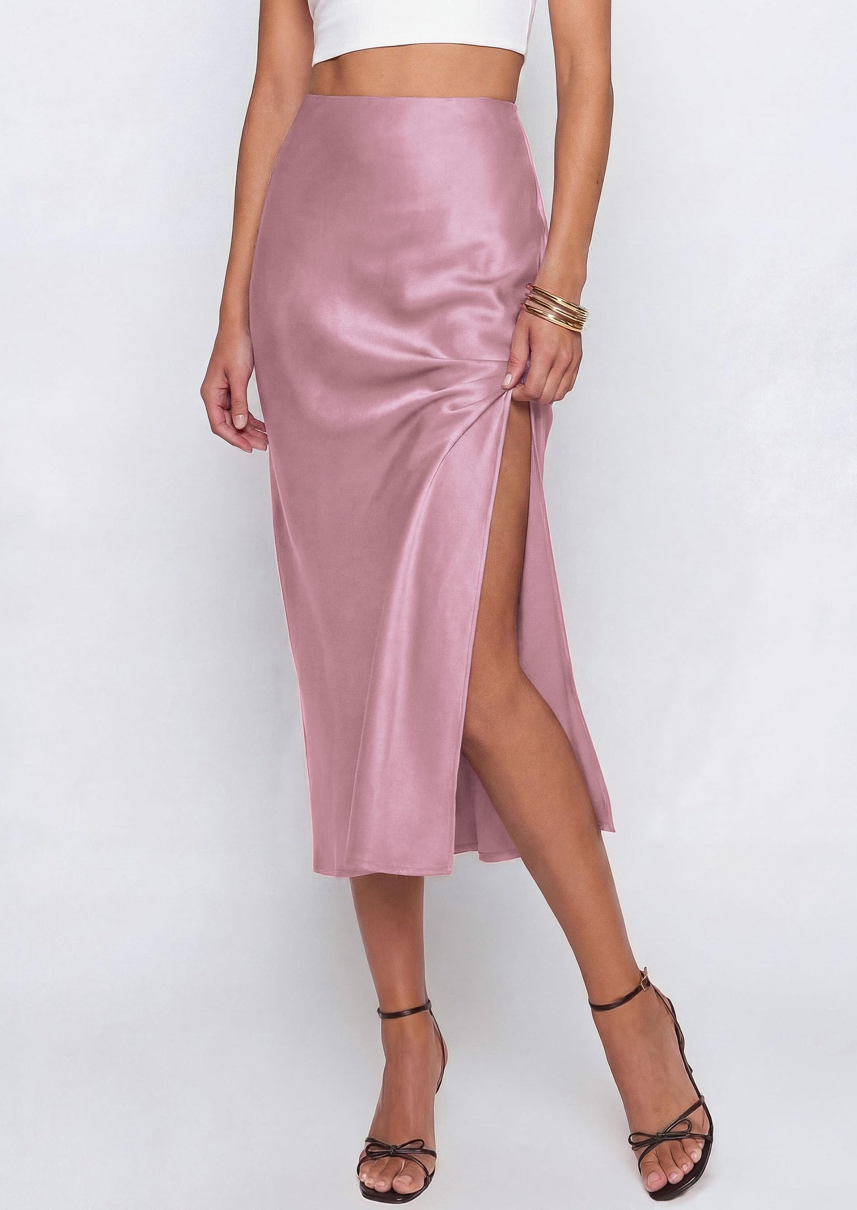 Womens Satin Skirt Silk Slip Midi Work Skirts, Pink, S