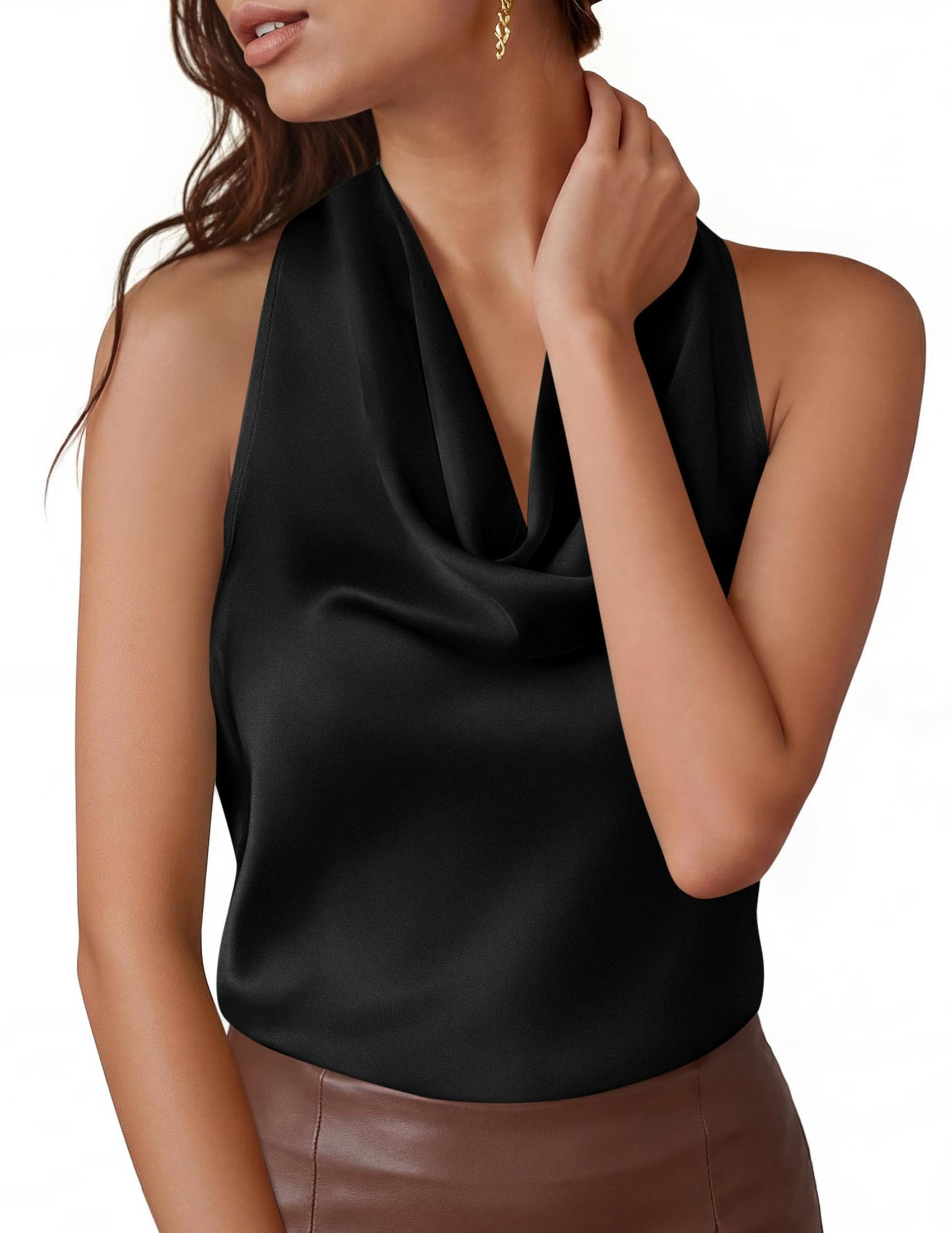 Satin Halter Tops for Women Dressy Casual Black,XS