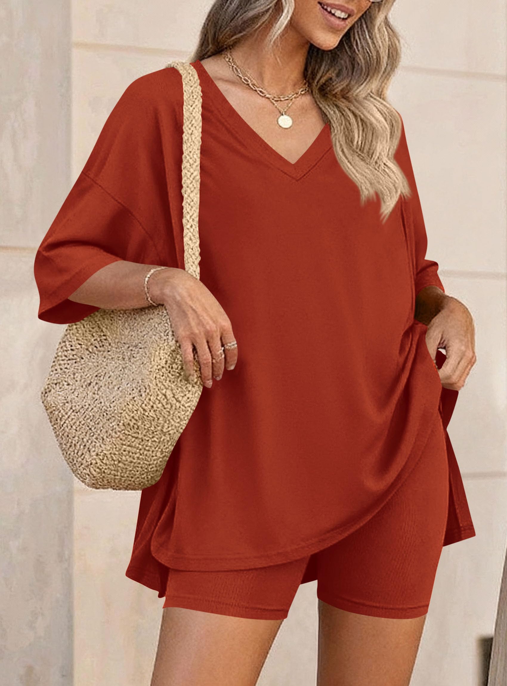 Womens 2 Piece Outfit Lounge Short Sets,Brick Red,S
