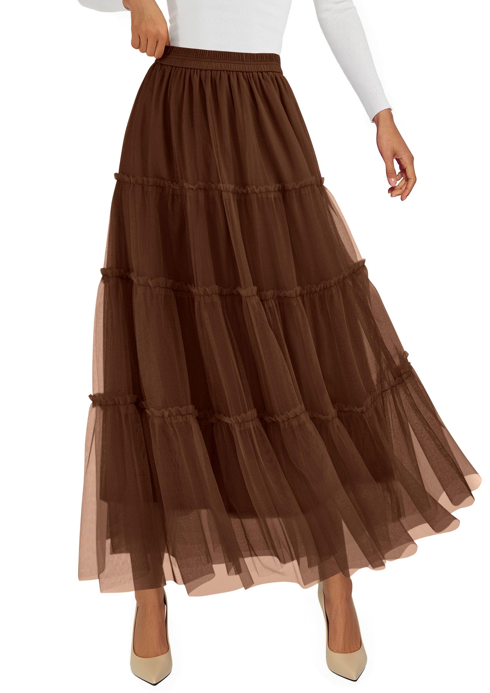 Women's Fall Soft Tulle Tiered Long Skirt,Brown,S