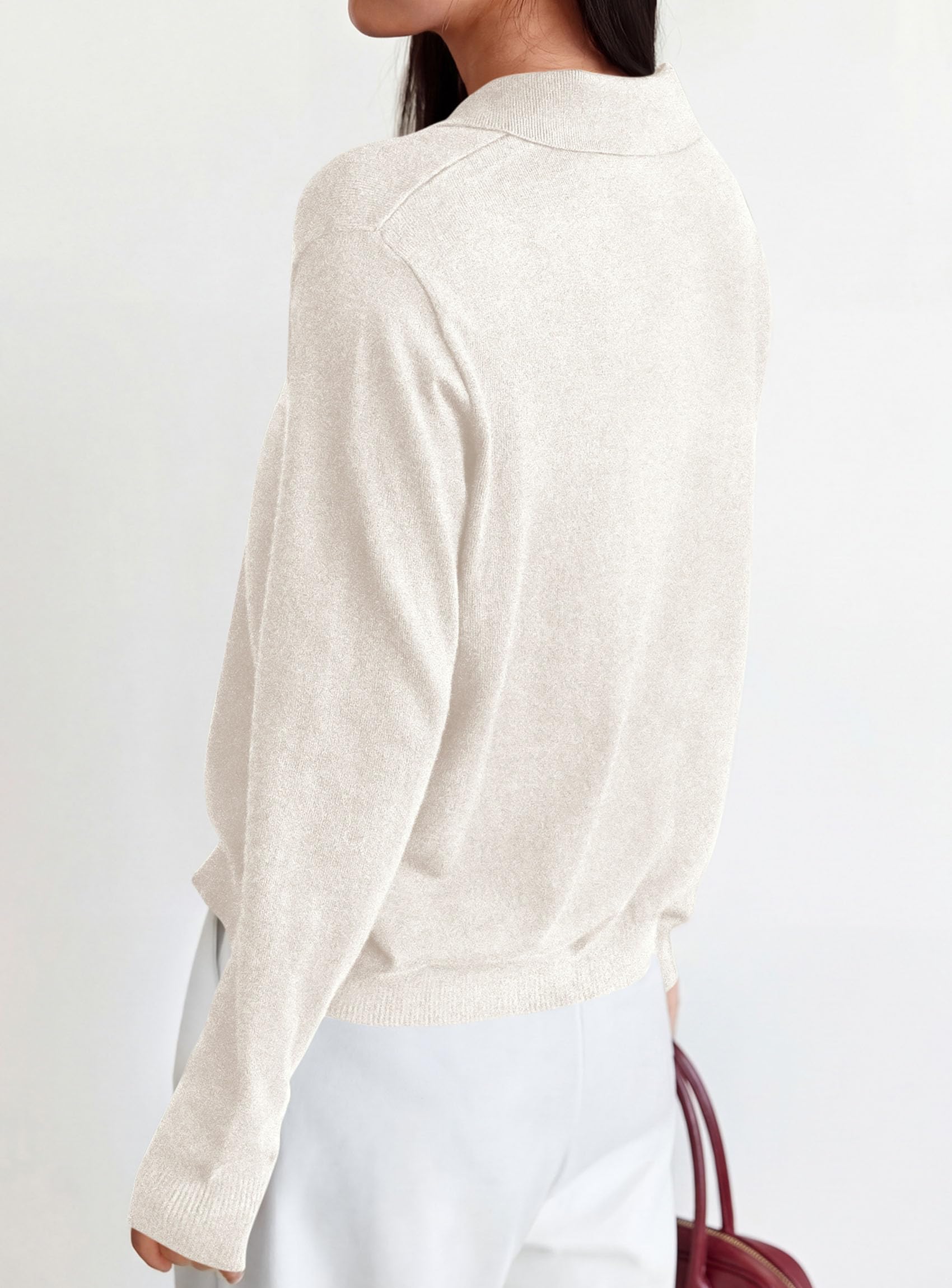 Womens Long Sleeve Collared Polo Sweater,White,M