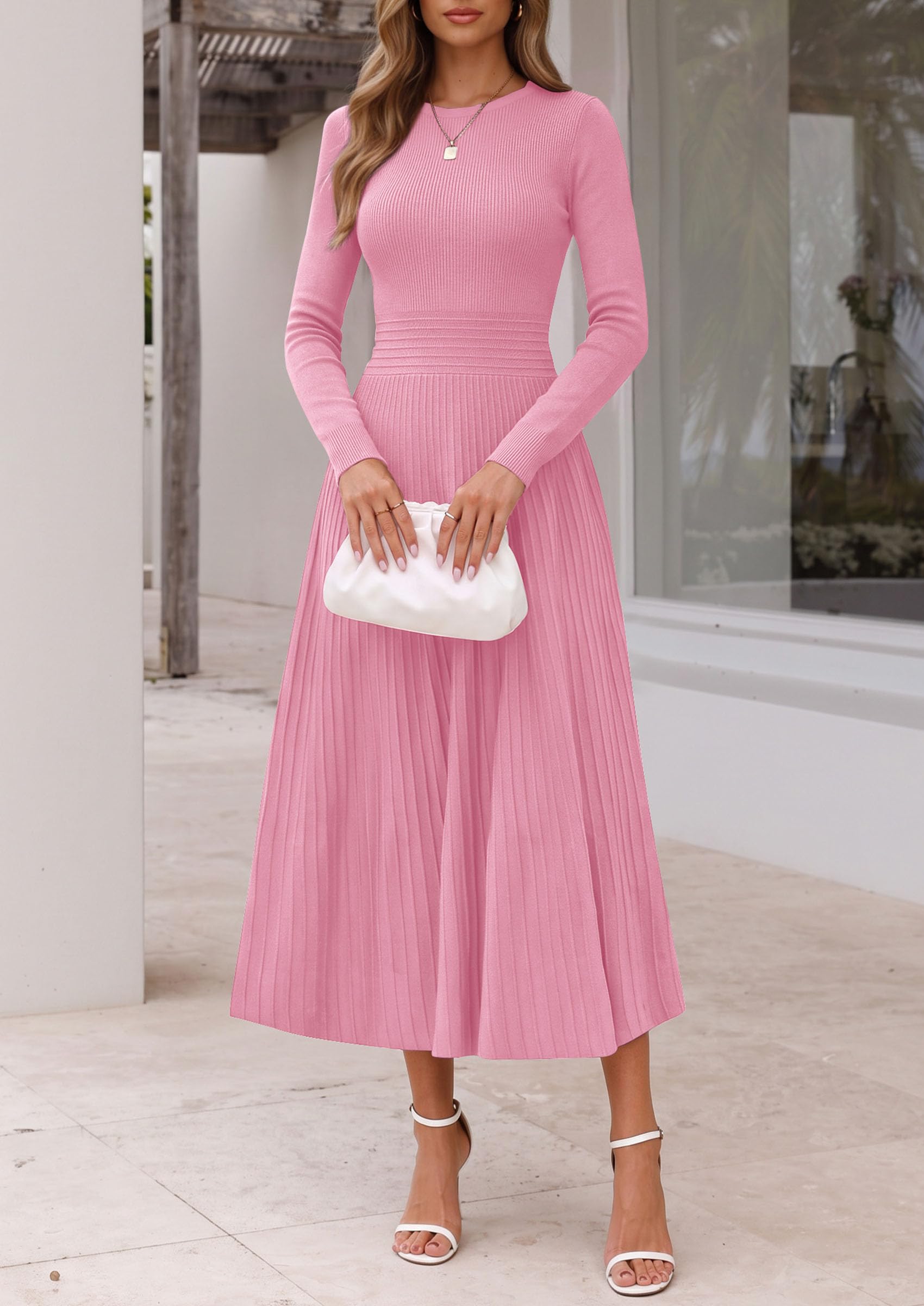 Women's Long Sleeve Knit Maxi Sweater Dress,Pink,S