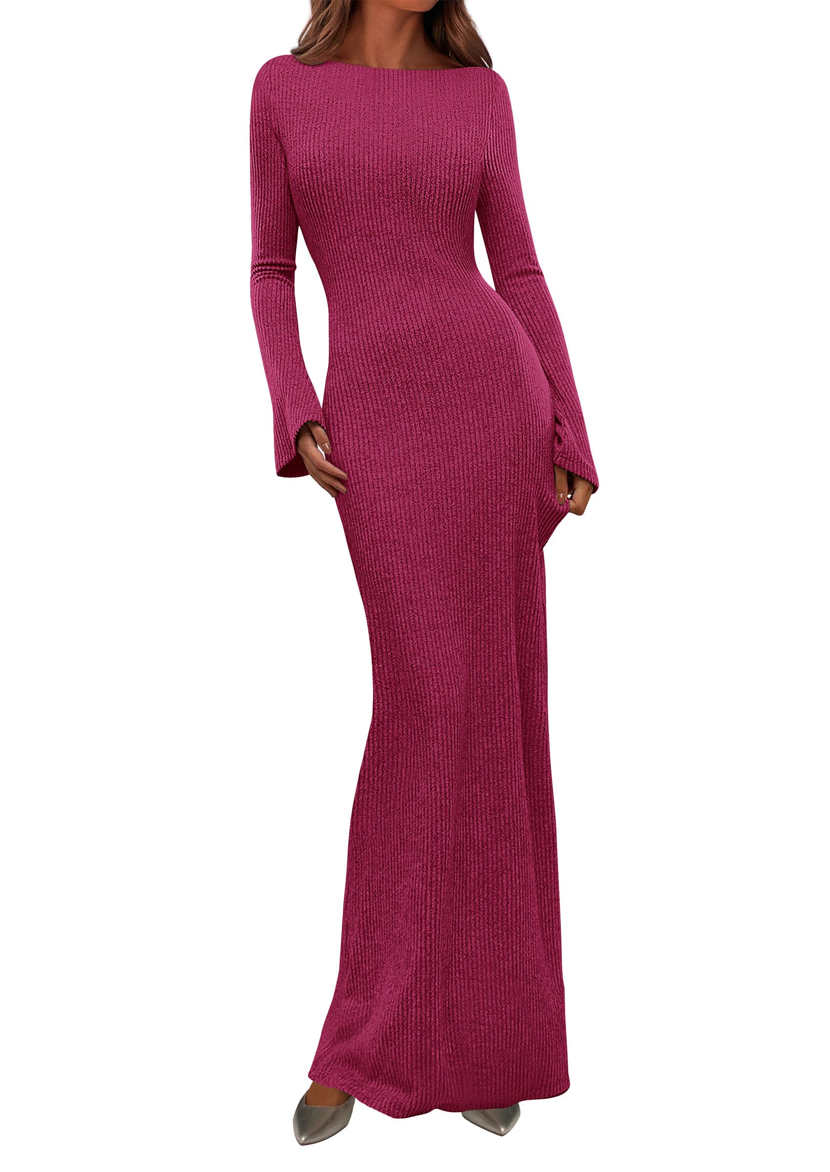 Women's Fall Long Sleeve Bodycon Maxi Dresses (Rose Red,XS)