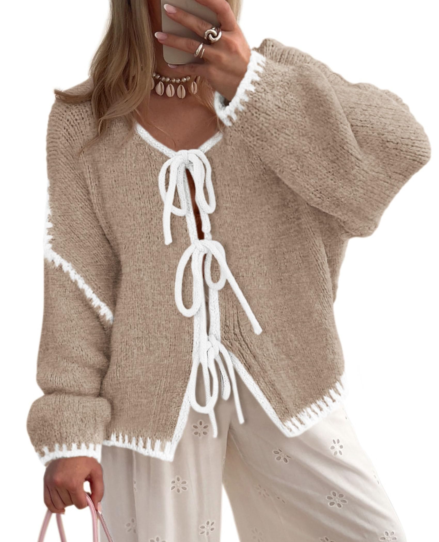 Women's Tie Front Bow Cardigan Sweaters(Camel White,Small)