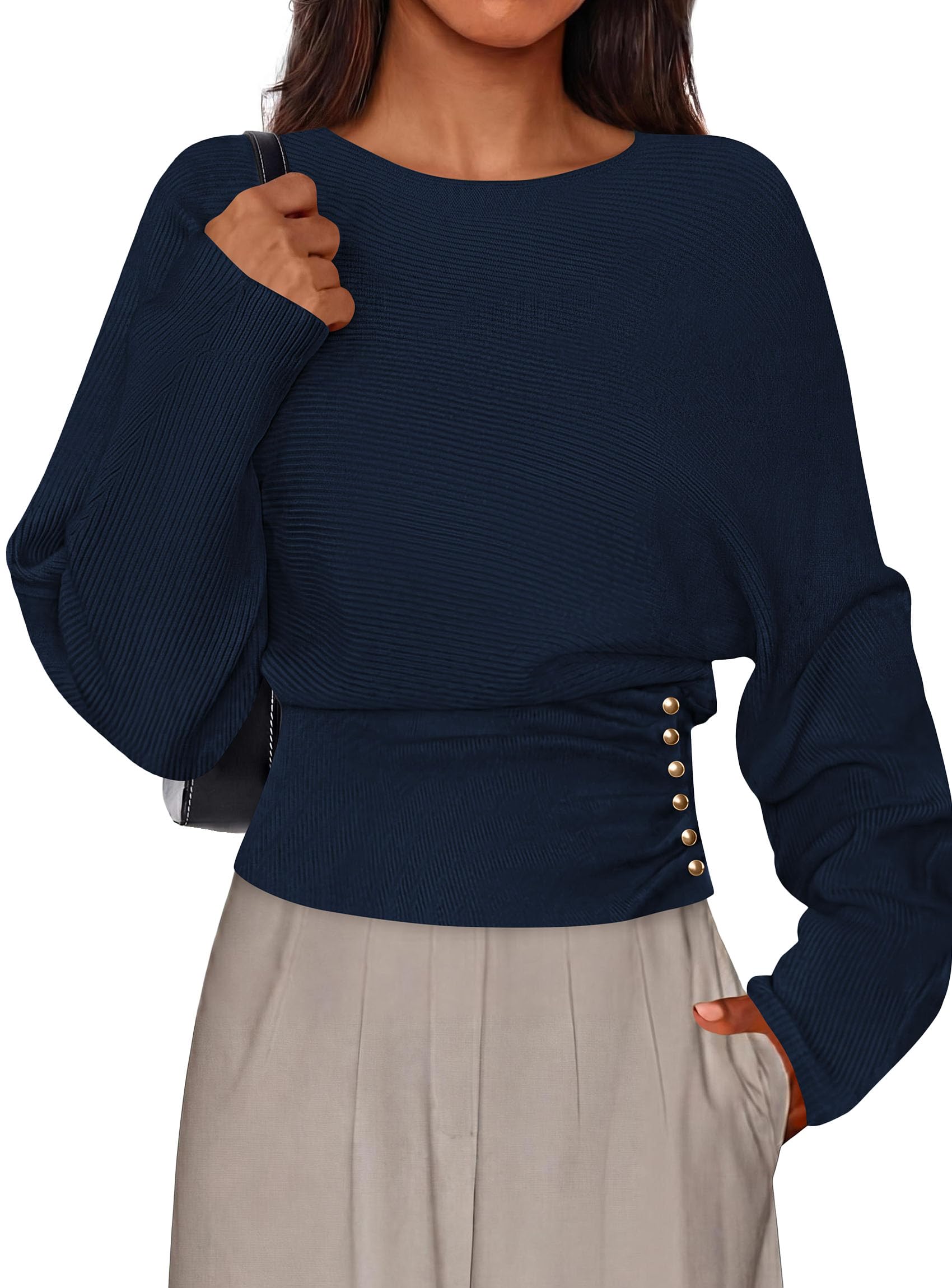 Batwing Sleeve Sweaters for Women Pullover Fall Clothes Navy