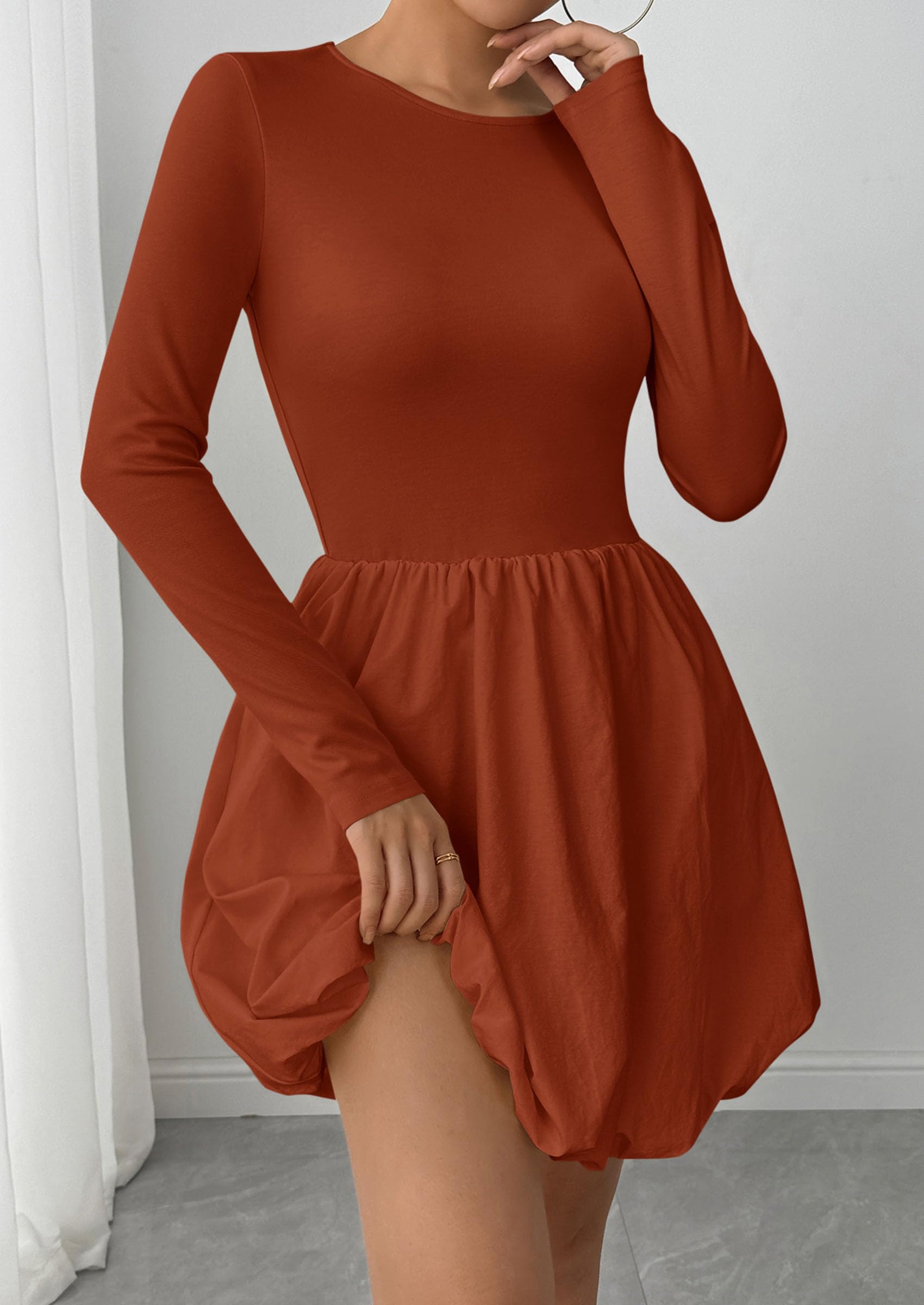 Fall Dresses for Women 2026 Bubble Mini Dress,Brick Red,S