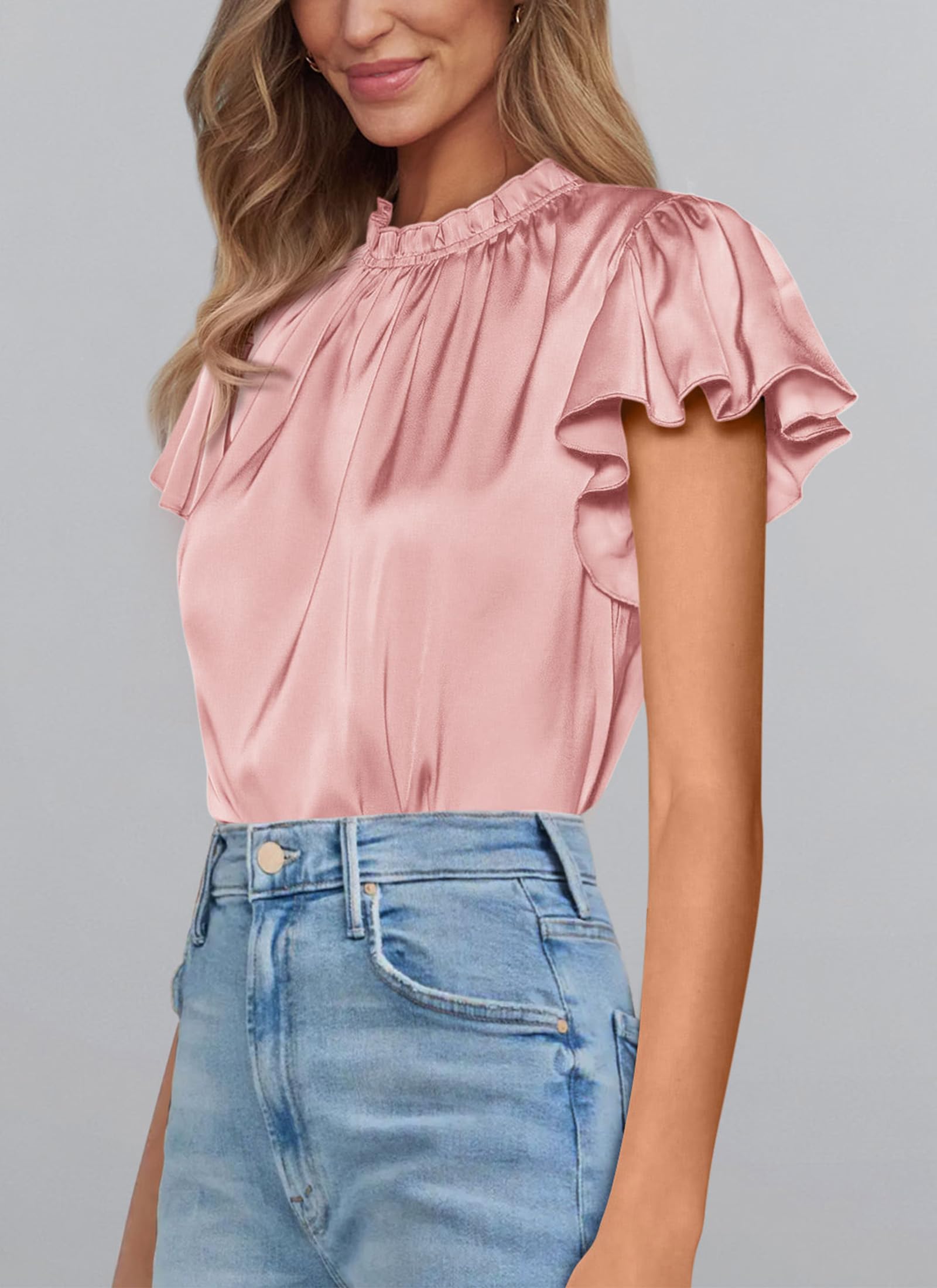 Women's Satin Tops Business Casual Work Blouses, Pink,S