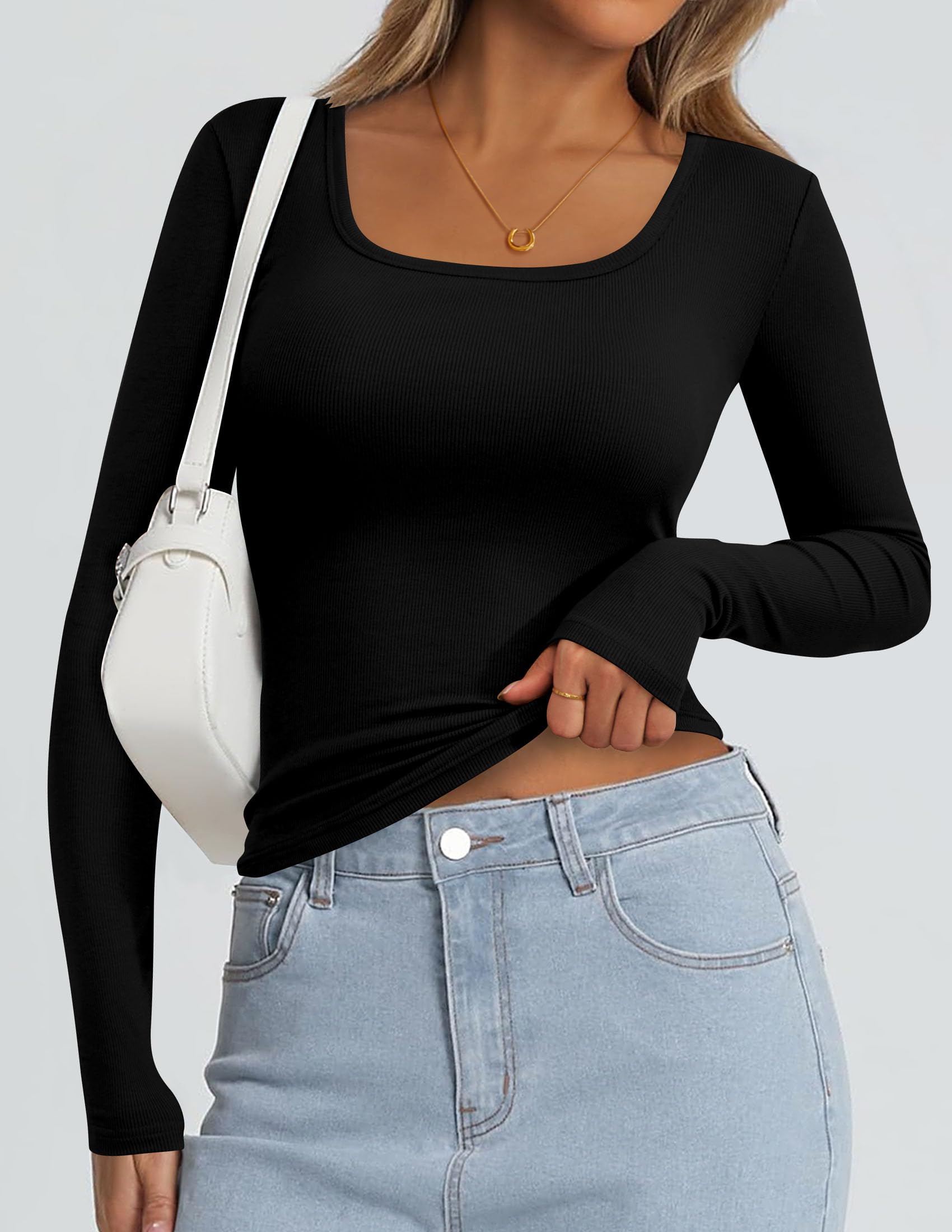 Square Neck Long Sleeve Shirts for Women Black,XXL