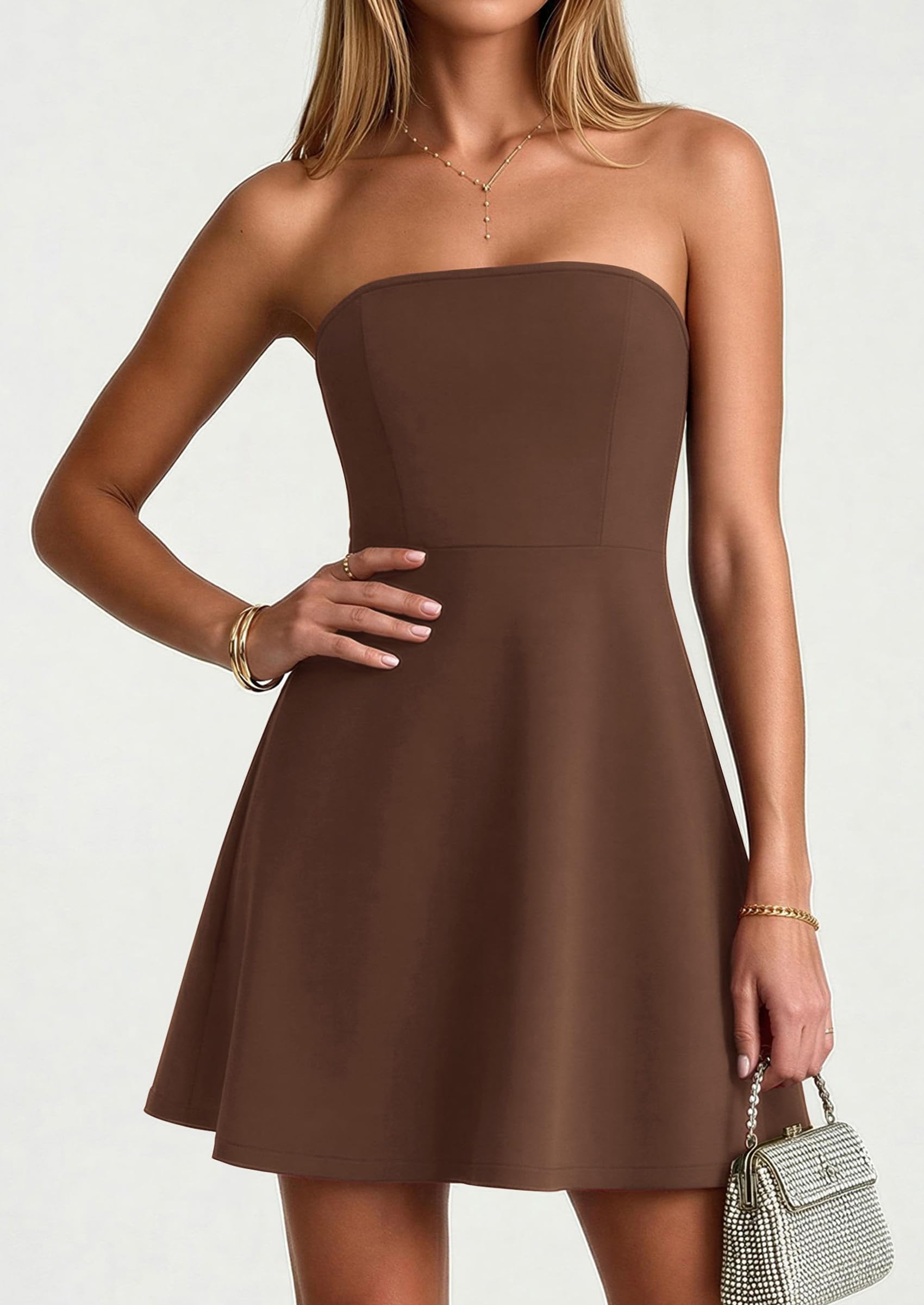 Women's Strapless A Line Mini Summer Dresses Brown,XS