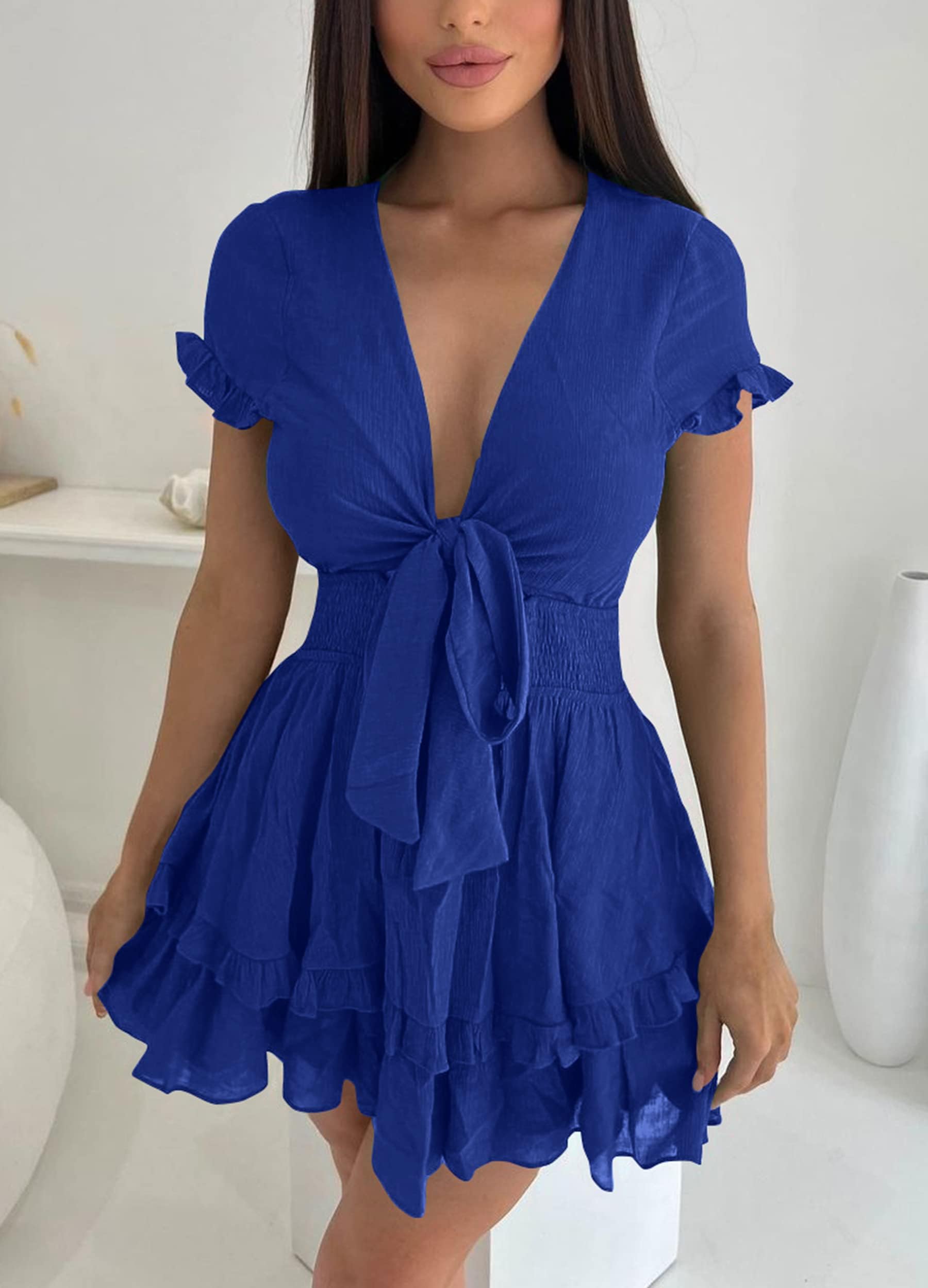 Women's Boho Floral Mini Tiered Bow Dress, Royal Blue,S