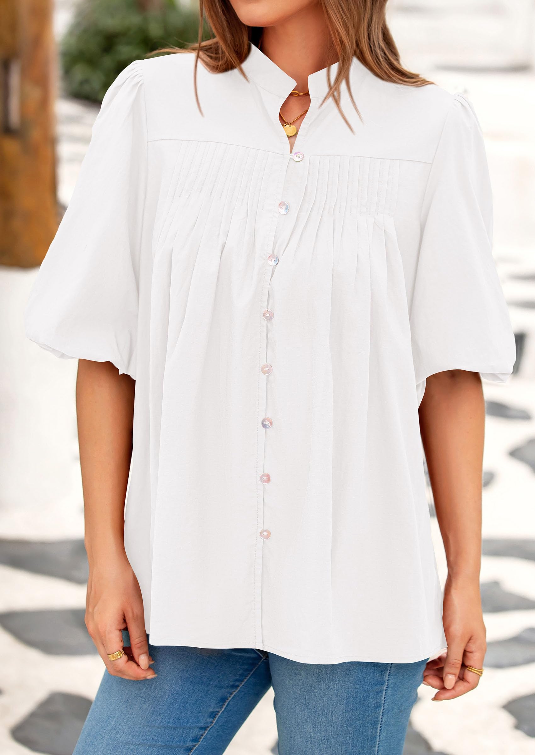 Short Sleeve Henley Shirts for Women,White,L