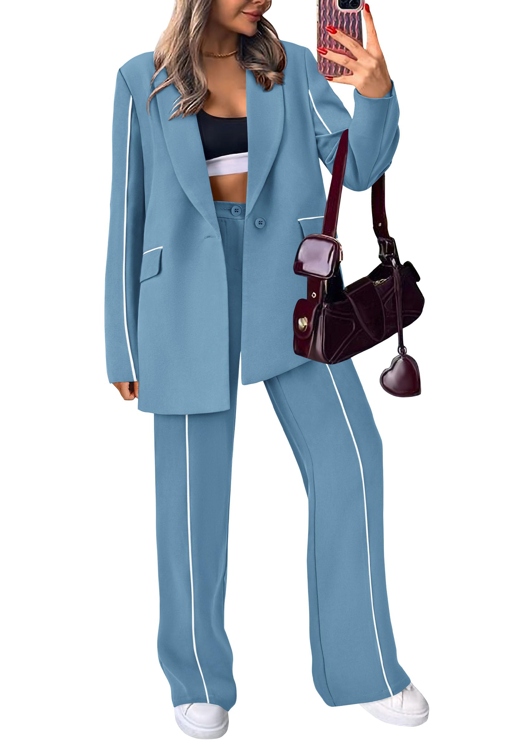 Women's Fall Spring 2 Piece Blazer Outfits Business Casual Oversized Jacket Wide Leg Work Pants Dressy Suit Set (Blue,Small)