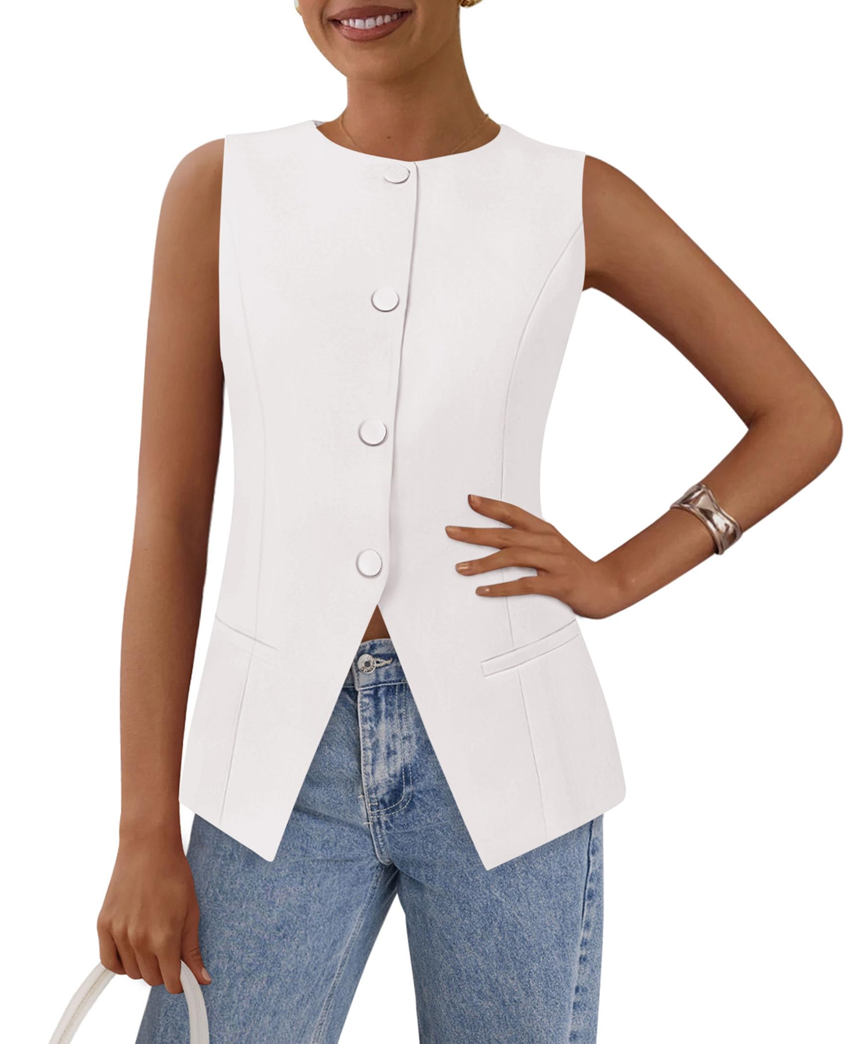 Women Tailored Suit Vest Business Casual Tops, White,S
