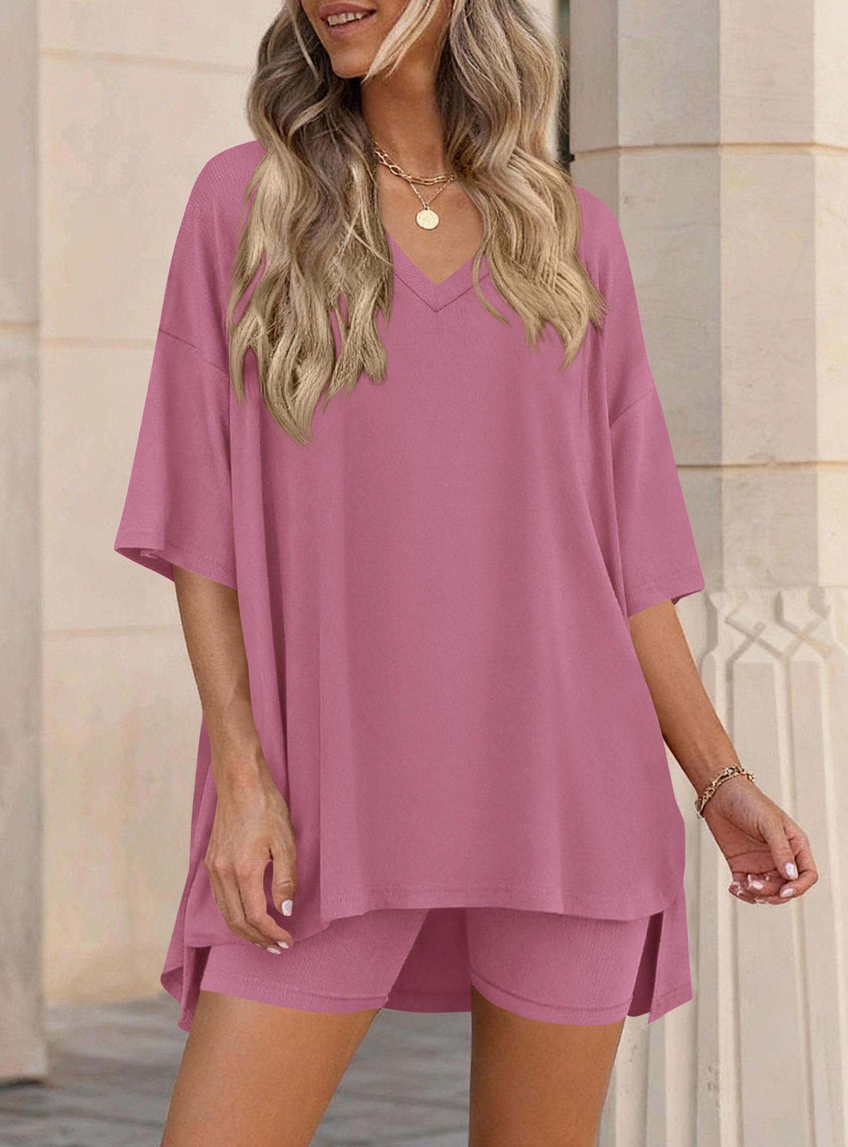 Womens 2 Piece Outfit Lounge Short Sets,Pink,S