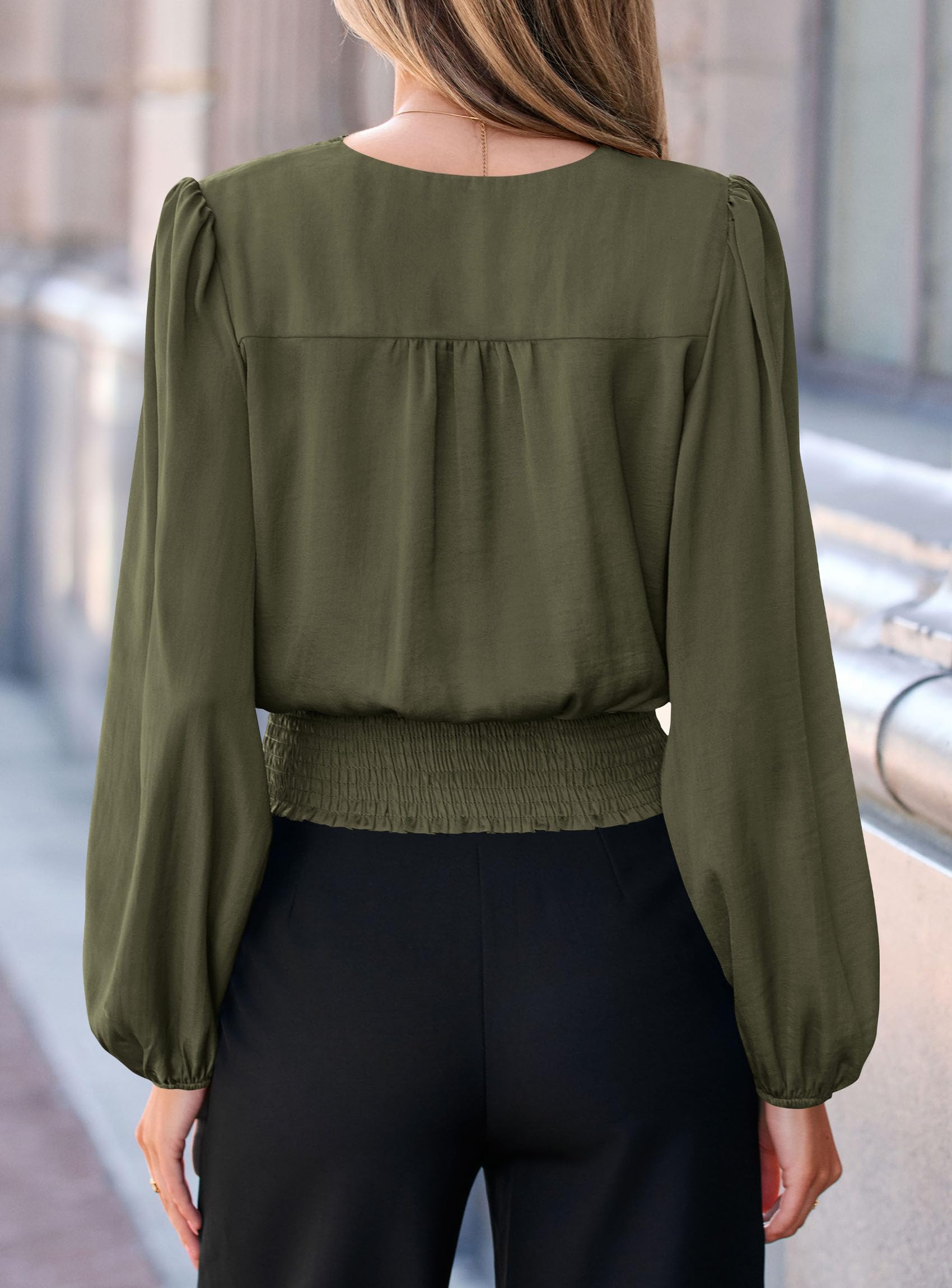 Women's Long Sleeve V Neck Wrap Blouse,Army Green,S
