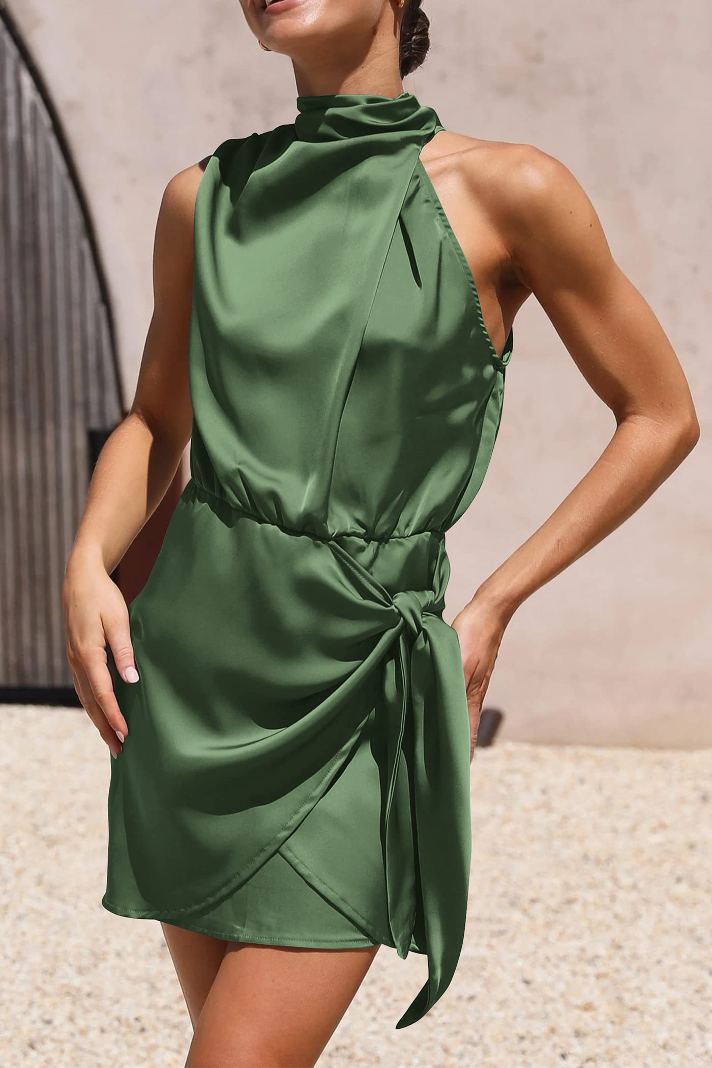 Women's Short Formal Satin Dress Summer Sleeveless Mock Neck Tie Waist Cocktail Party Dresses (Army Green,Small)