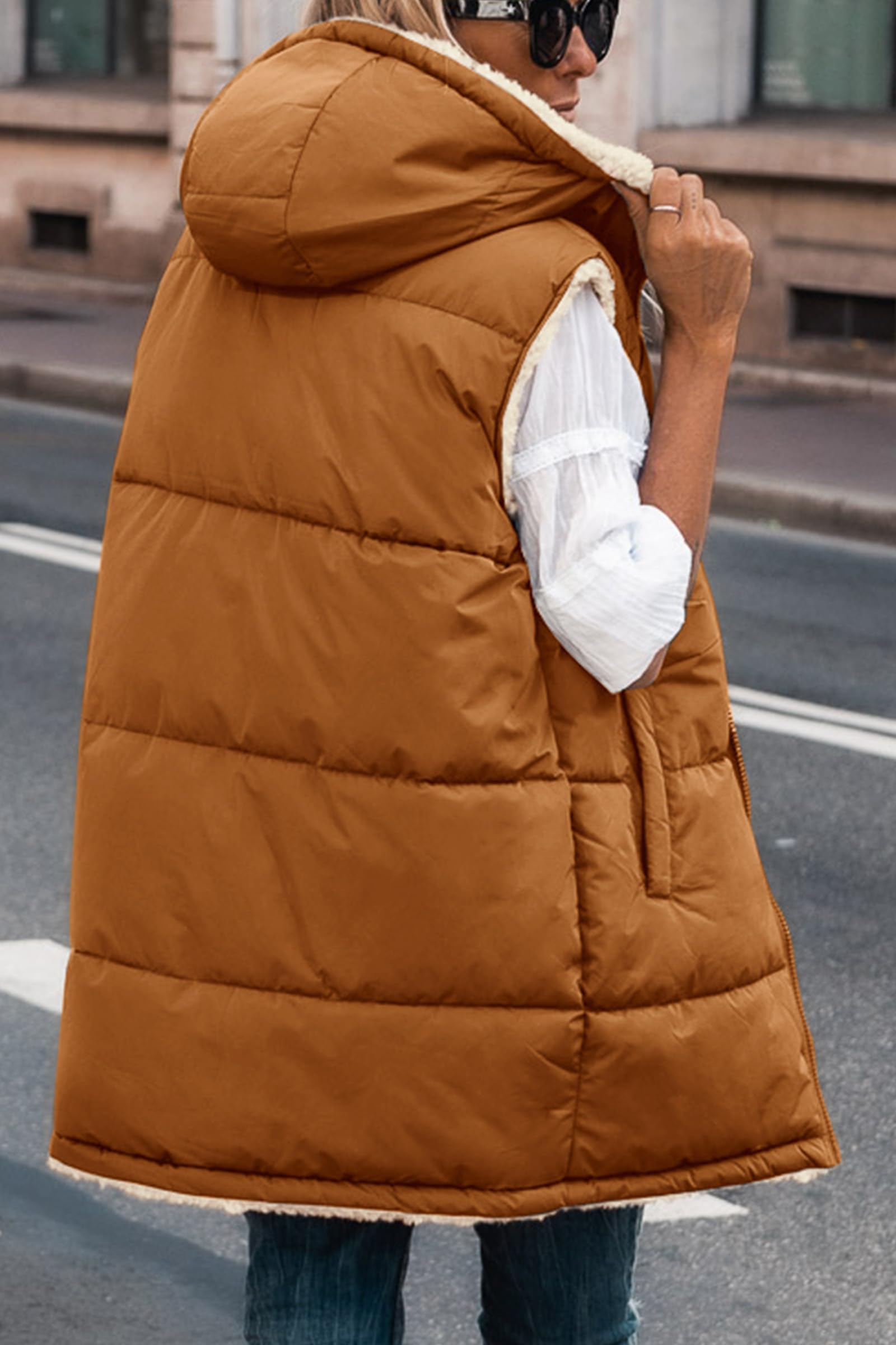 Women's Winter Reversible Fleece Long Vests(Brown,S)