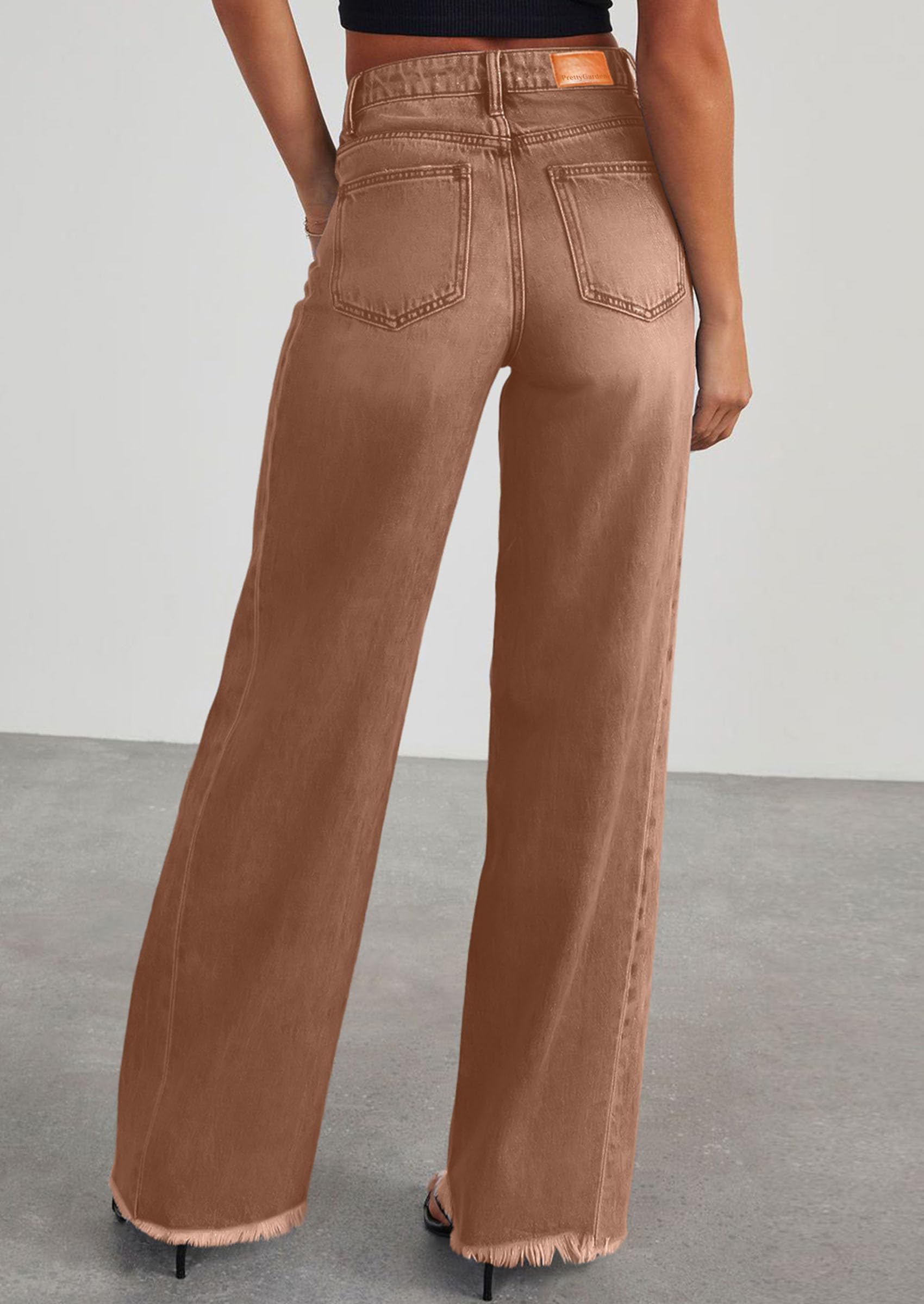 Women's Wide Leg Jeans Raw Hem Denim Pants,Brown,6