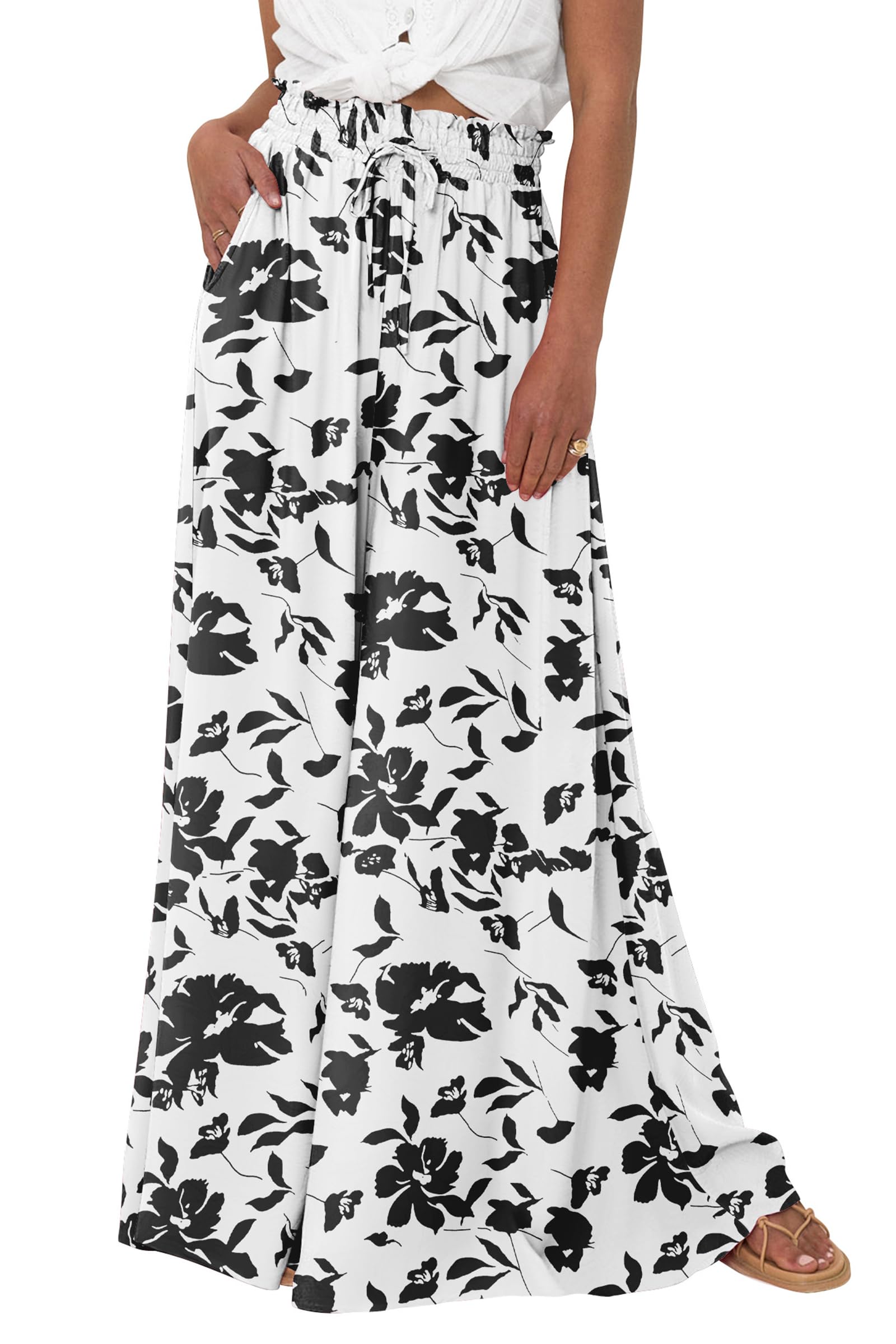 Summer Wide Leg Palazzo Pants for Women Casual,Print Black,S