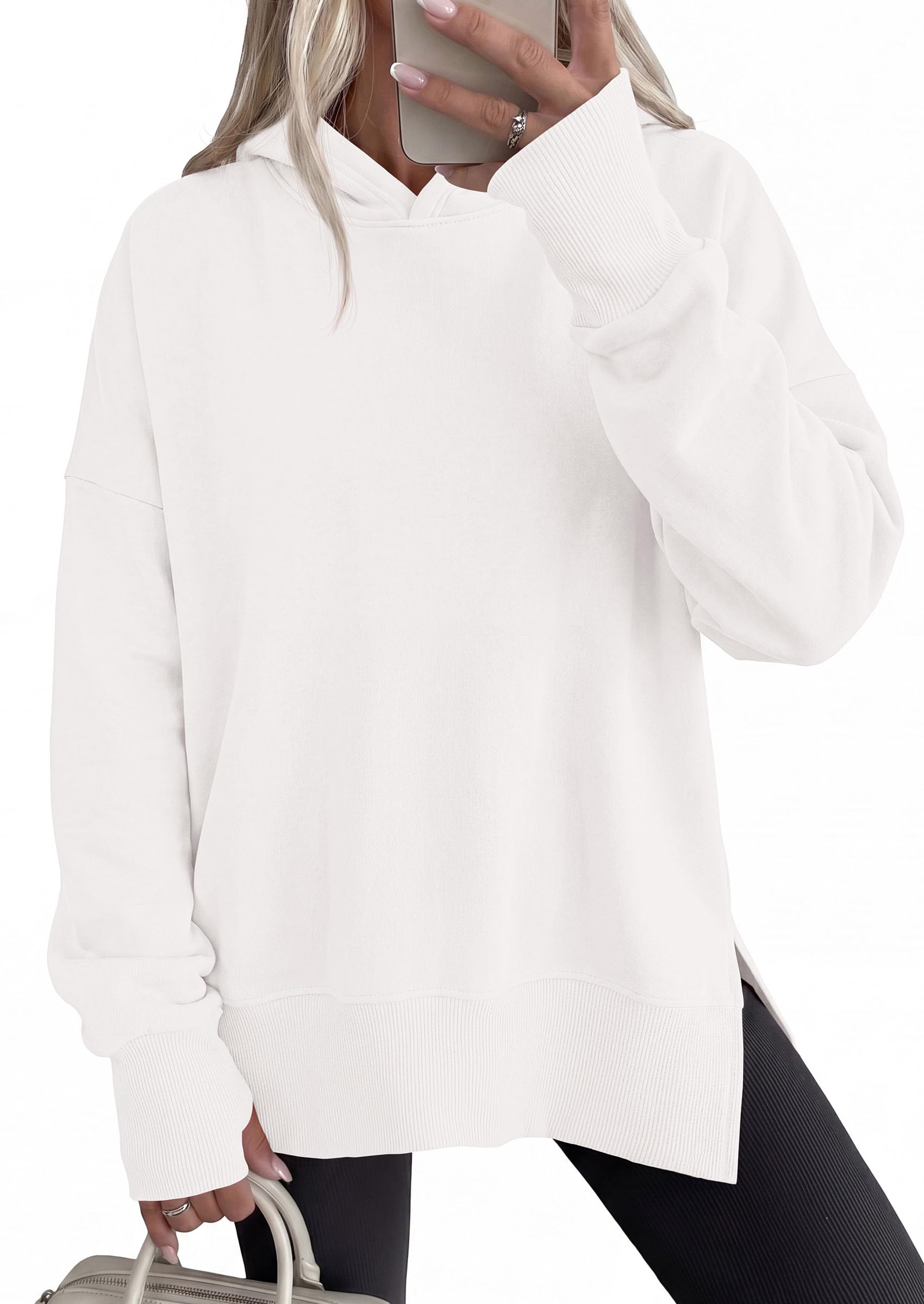 Womens Oversized Hoodies Side Slit Sweatshirts White,S