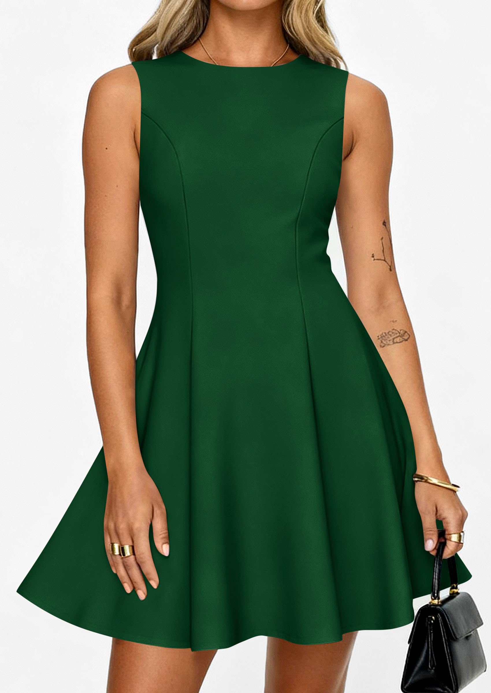 Women's Formal Boat Neck A Line Mini Dress,Dark Green,XS