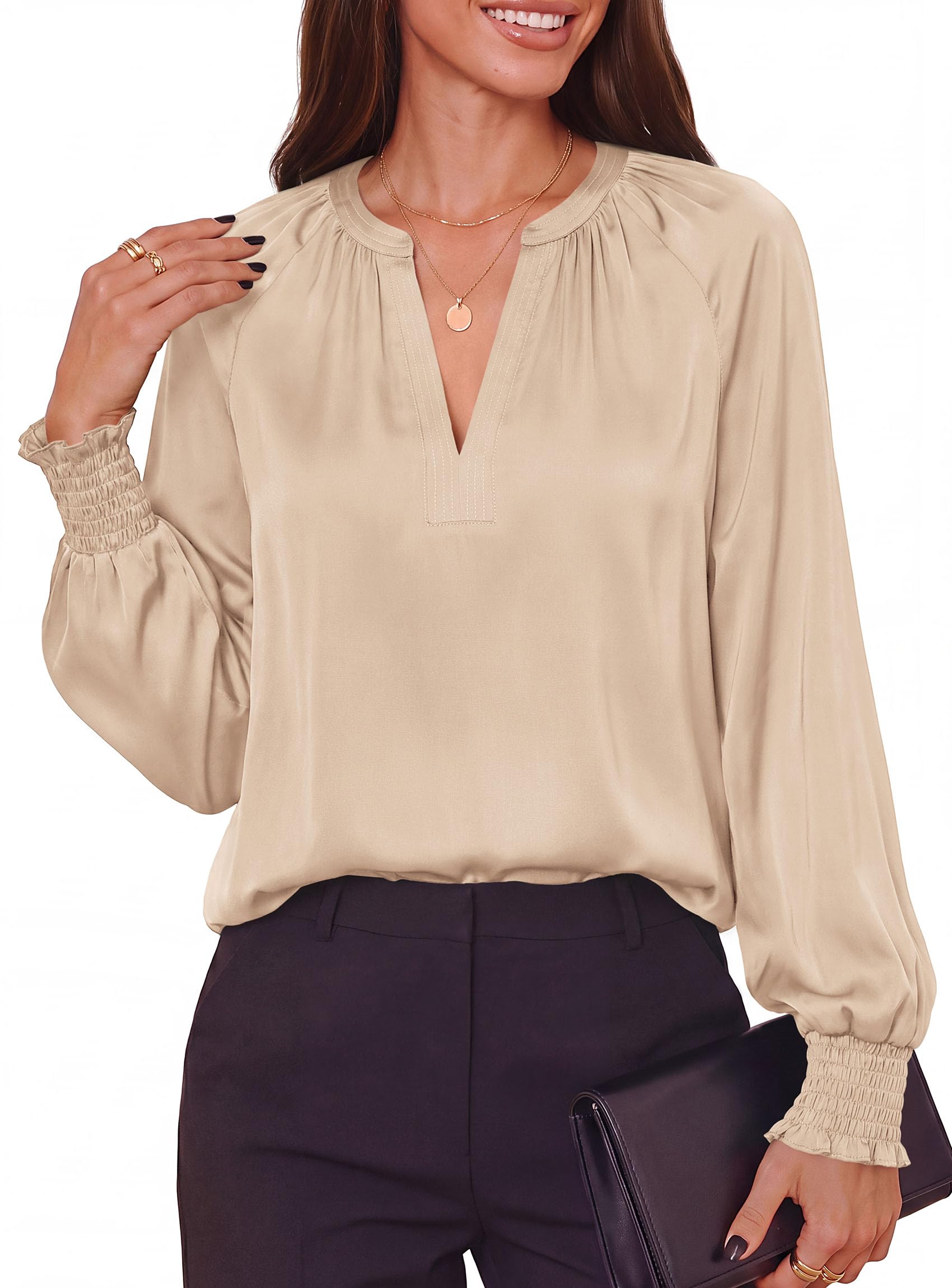 Women's Satin Blouses V Neck Long Sleeve Tops,Beige,S