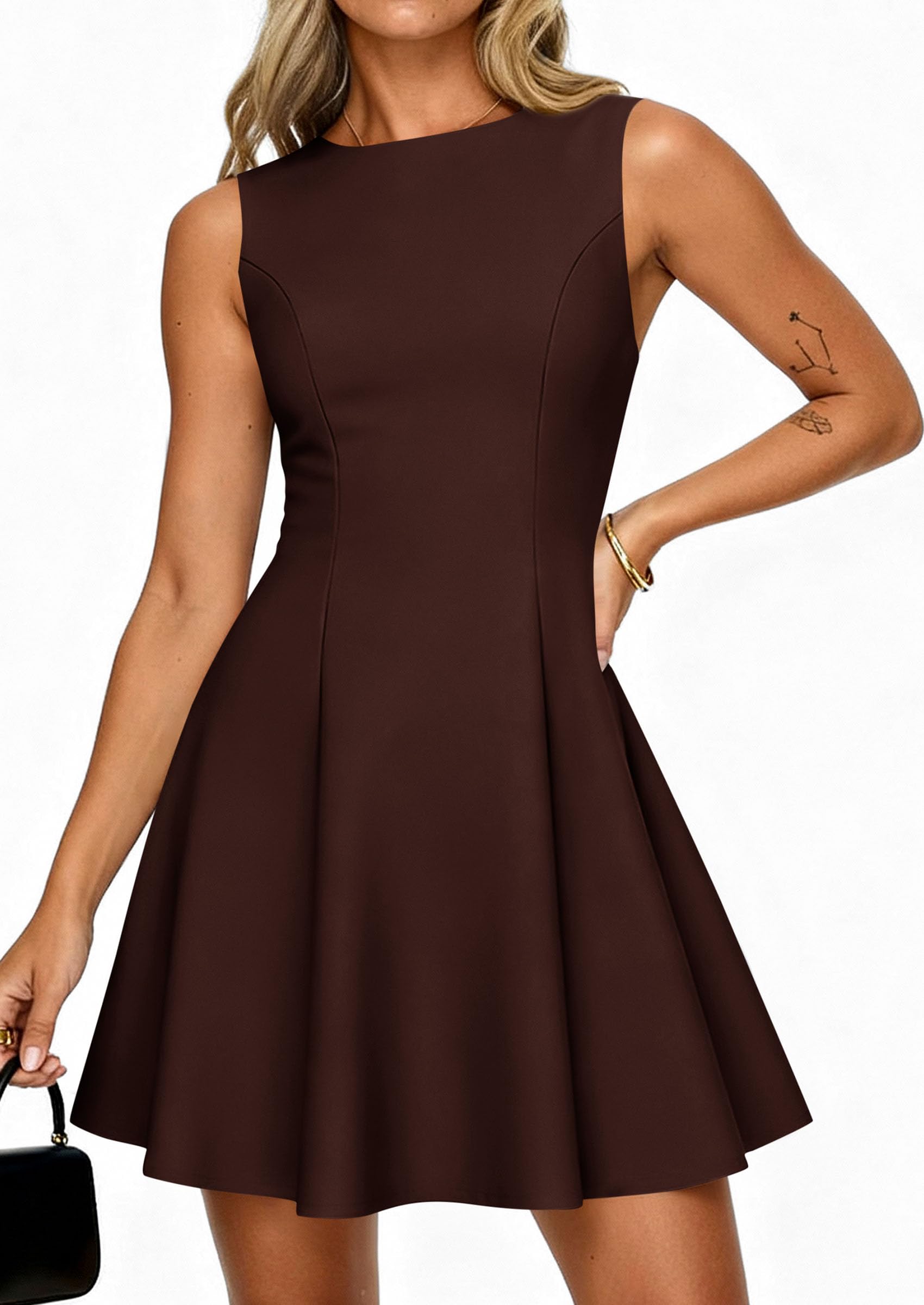 Women's Formal Boat Neck A Line Mini Dress,Brown,XS