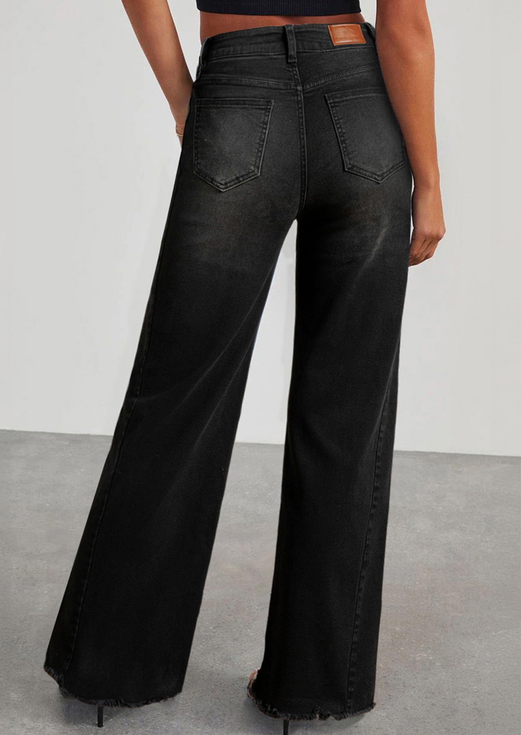 Women's Wide Leg Jeans Raw Hem Denim Pants,Black,4