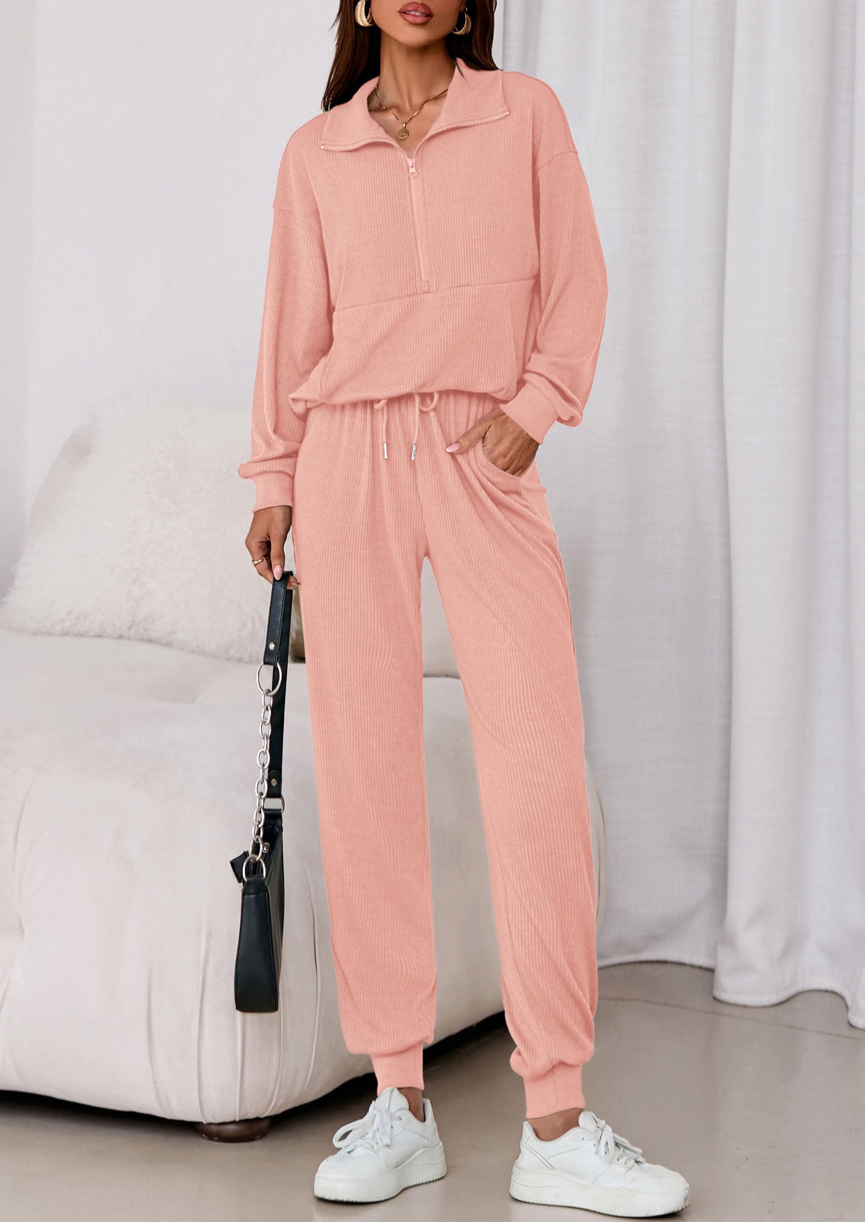 Airport Travel Outfit Women Ribbed Knit Matching Lounge Sets